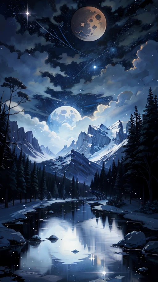 A painting of a river with stars and moon in the sky, concept art inspired by Tosa Mitsuoki, pixiv contest winner, best quality, fantasy art, beautiful anime scene, golden moon. A bright moon, starry sky environment under the moonlight, dream painting, anime background art, fantasy landscape art, dreamy night, anime background, background artwork, dreamy art, atmospheric anime, starry sky, details enhanced.