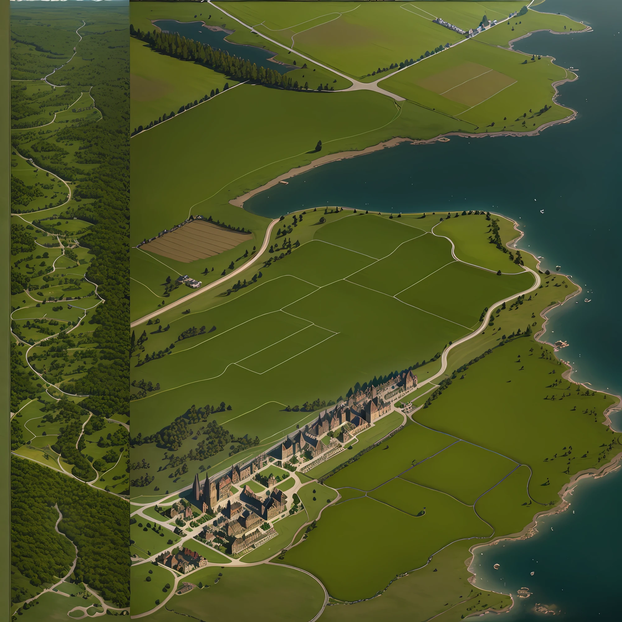 araffes in a field with a river and a forest, steam workshop maps, no trees, hyper detailed, zoom out very far, game map, grassy plains, coastline, highly detailed terrain, an expansive grassy plain, entire city visible, detailed scenery — Width 672, highly detailed maps, simple fantasy maps, r/battlemaps, detailed terrain, rock walls of river channels