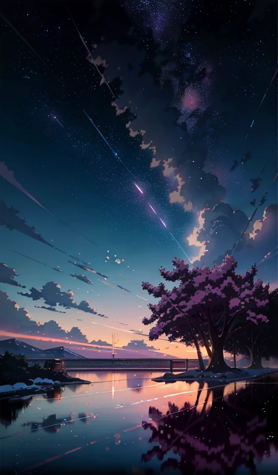 The picture is bright and well lit. no humans. (((Makoto Shinkai style)),pixiv,anime drawing,high quality,pink purple sky,beautiful scene),(universe,train passing,magical realism,((makoto shinkai style)) ::0.8), [Artistic Atmosphere, Atmosphere:0.8, Starry Sky, Hills, Snow Mountain, Sparkling Water, Grass, Trees, Smoke, Stars, Low Angle of View, Specular Scattering,