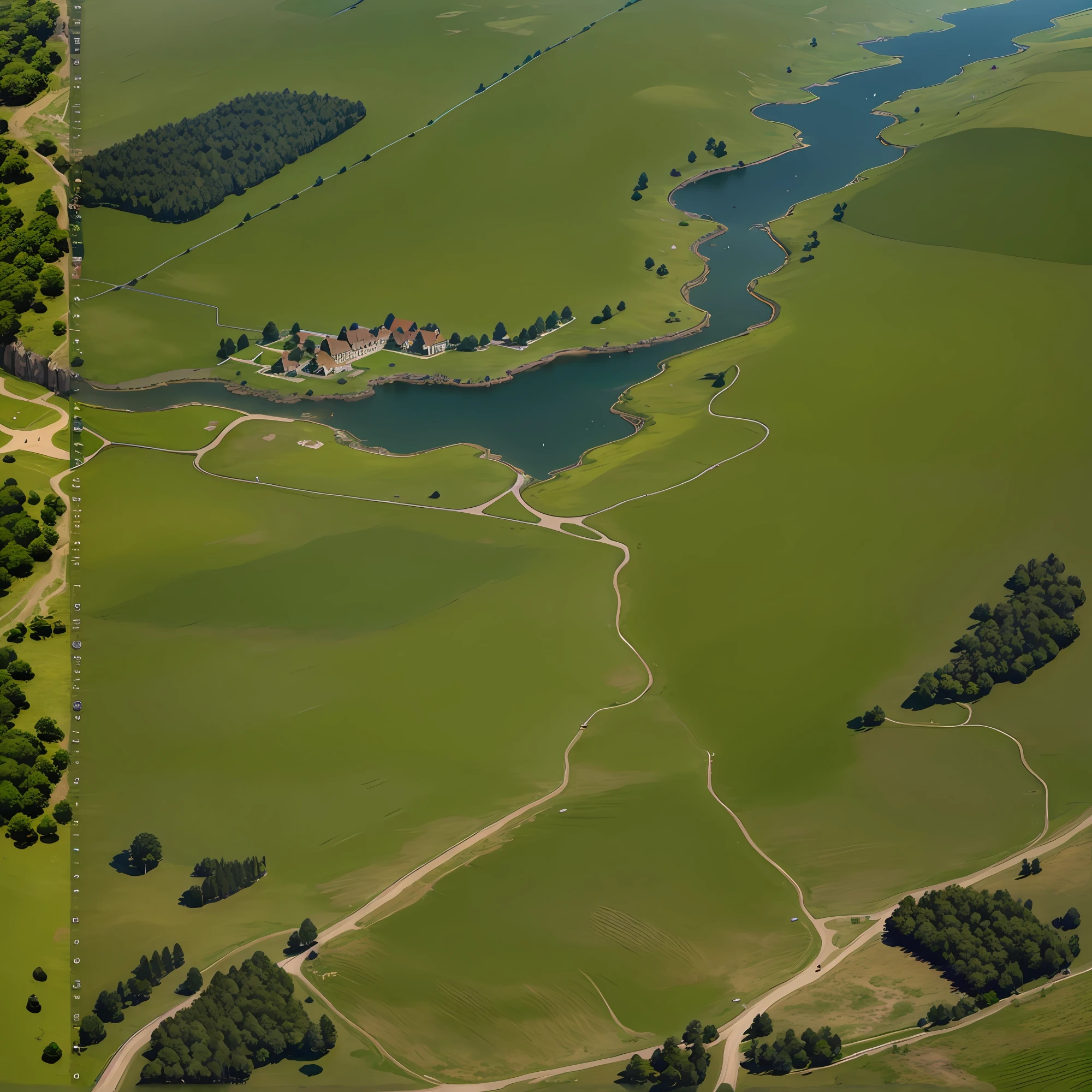 araffes in a field with a river and a forest, steam workshop maps, no trees, hyper detailed, zoom out very far, game map, grassy plains, coastline, highly detailed terrain, an expansive grassy plain, entire city visible, detailed scenery — Width 672, highly detailed maps, simple fantasy maps, r/battlemaps, detailed terrain, rock walls of river channels