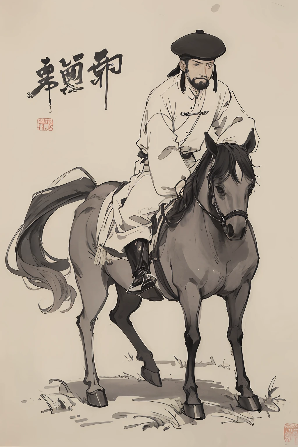 (Masterpiece, best quality: 1.2), traditional Chinese ink painting, man and horse
