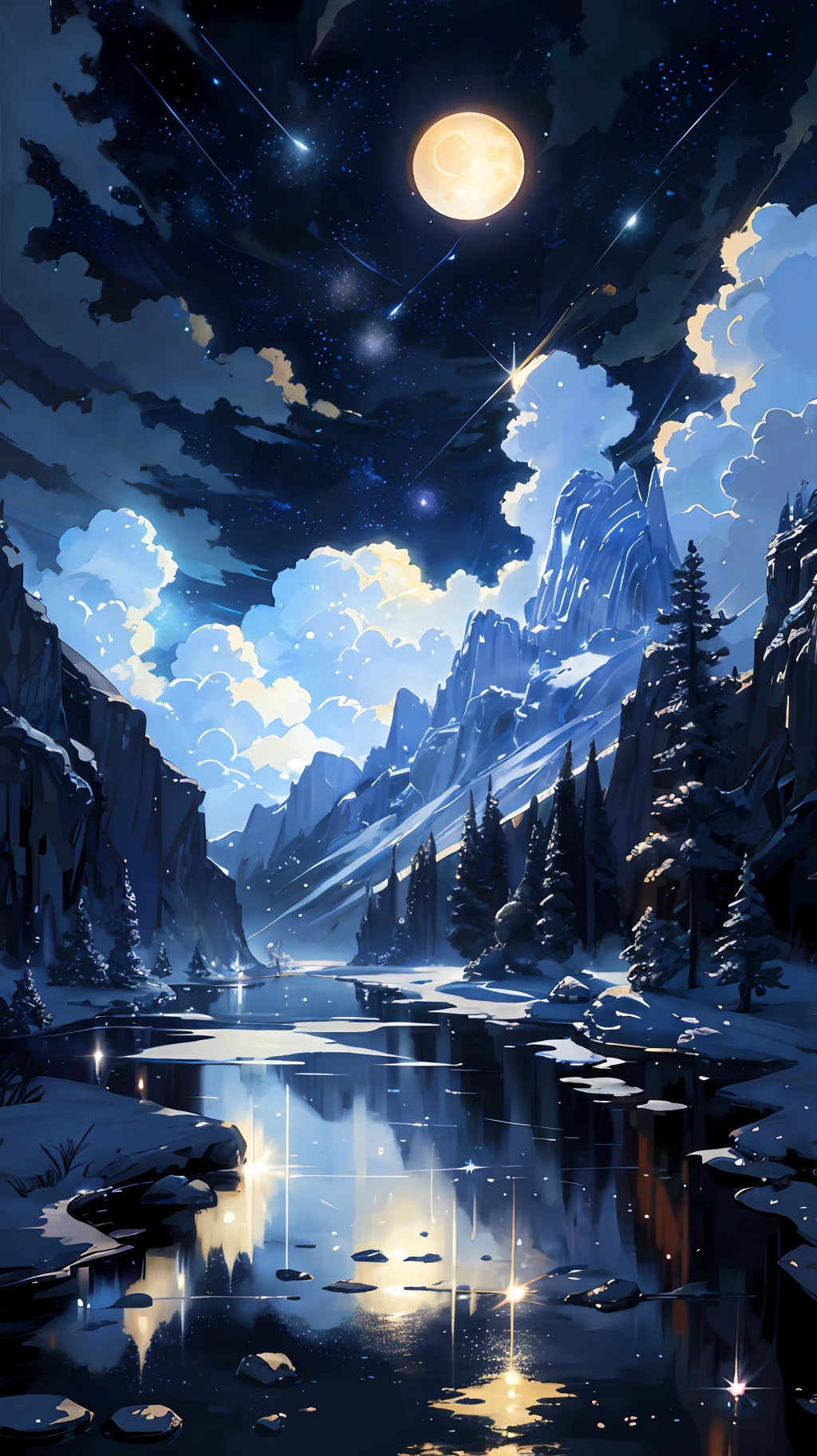 A painting of the river and the stars and the moon in the sky, with bright colors, by Makoto Shinkai. Concept art inspired by Tosa Mitsuoki, pixiv contest winner, best quality, fantasy art, beautiful anime scenes, golden moon. A bright moon, starry sky environment under the moonlight, dream painting, anime background art, fantasy landscape art, dreamy night, anime background, background artwork, dreamy art, atmospheric anime, starry sky, details enhanced.