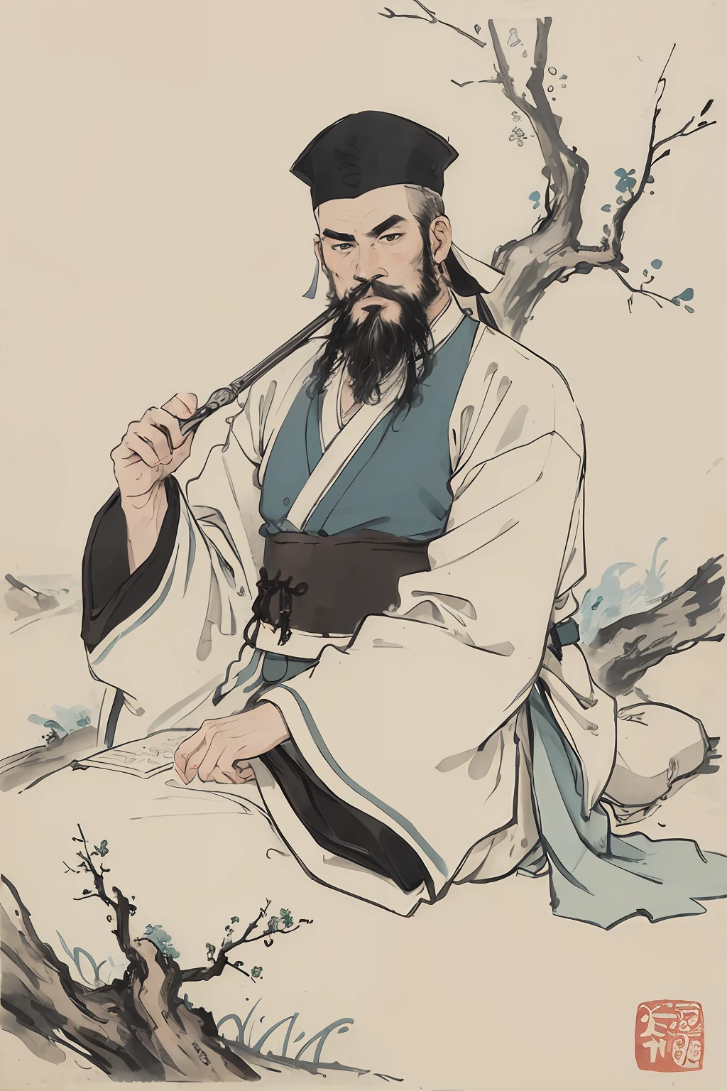 (masterpiece, best quality: 1.2), traditional Chinese ink painting, hanfu, beard, man,blue and green ink