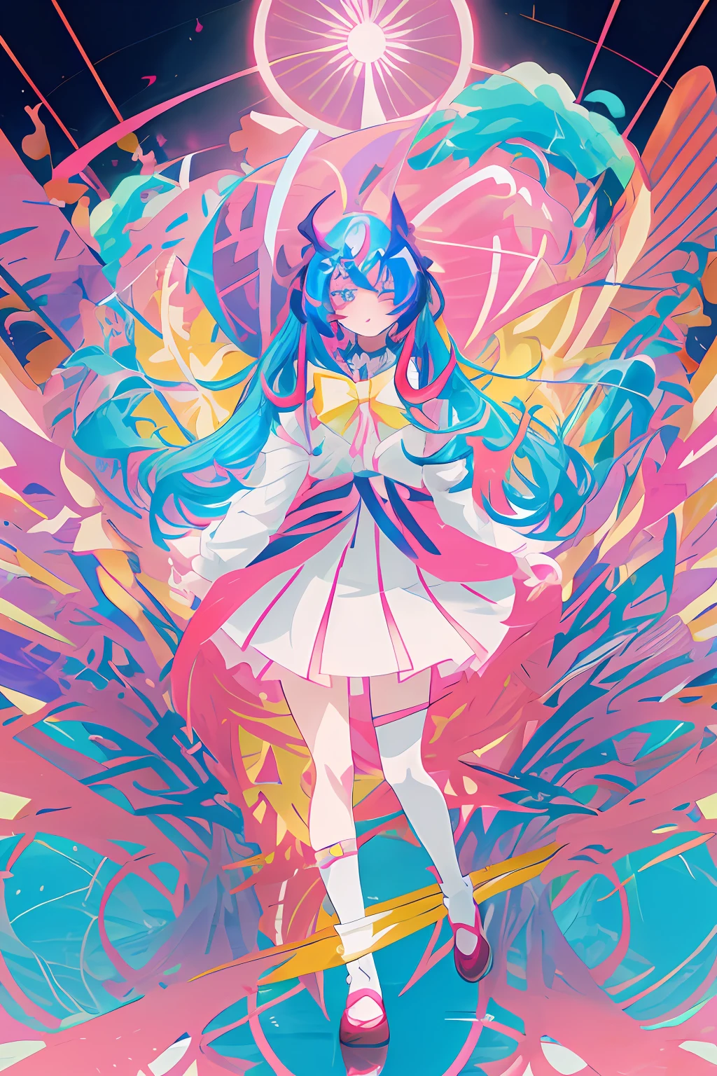 anime girl with long hair and a bow tie in front of a colorful background, anime moe artstyle, anime style 4 k, best anime 4k konachan wallpaper, hyper colorful, stylized anime, anime style. 8k, waifu, anime! 4k, anime! 4 k, dreamy psychedelic anime, ufotable art style, holo, ahegao