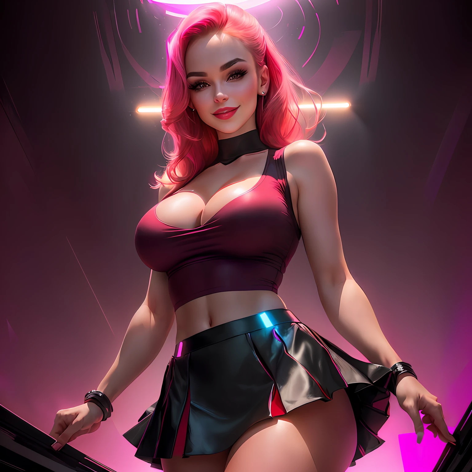 sfw, photograph, sexy femme fatale nancyace smiling, cleavage, (wearing a skirt, wearing tight shirt:1.2), gloss lips, perfect face, breast focus, looking at viewer, facing viewer, (glowing abstract background:1.3), sexy, professional, high contrast, masterpiece, best quality, HDR, sharp focus, (view from below:1.3), red lights, dynamic lighting, bokeh