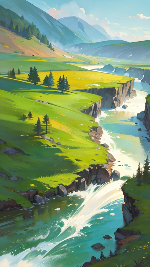 High detail, high quality (1080*1920), digital painting, landscape art illustration, 2D, natural scenery, a river flows from a distance through the meadow, small river, green nature