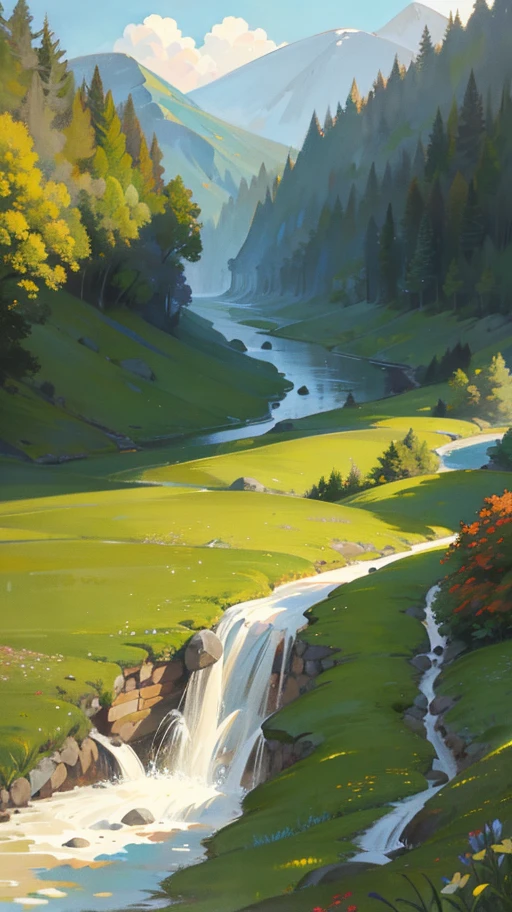 High detail, high quality (1080*1920), digital painting, landscape art illustration, 2D, natural scenery, a river flows from a distance through the meadow, the river (the river is the subject of the picture), green nature,