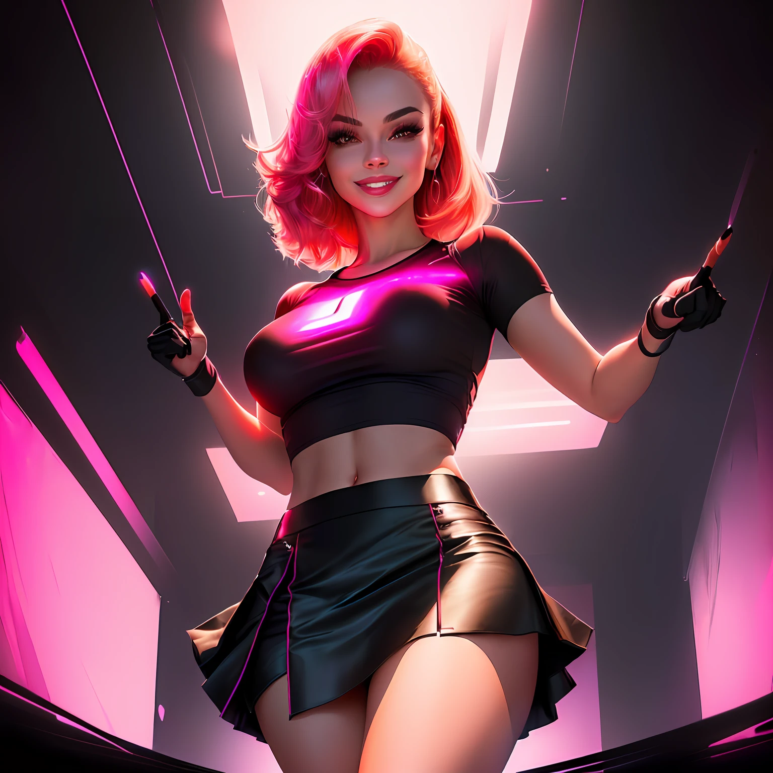 sfw, photograph, sexy femme fatale nancyace smiling, bitting finger, (wearing a skirt, wearing tight shirt:1.2), gloss lips, perfect face, looking at viewer, facing viewer, (glowing abstract background:1.3), sexy, professional, high contrast, masterpiece, best quality, HDR, sharp focus, (view from below:1.3), red lights, dynamic lighting, bokeh