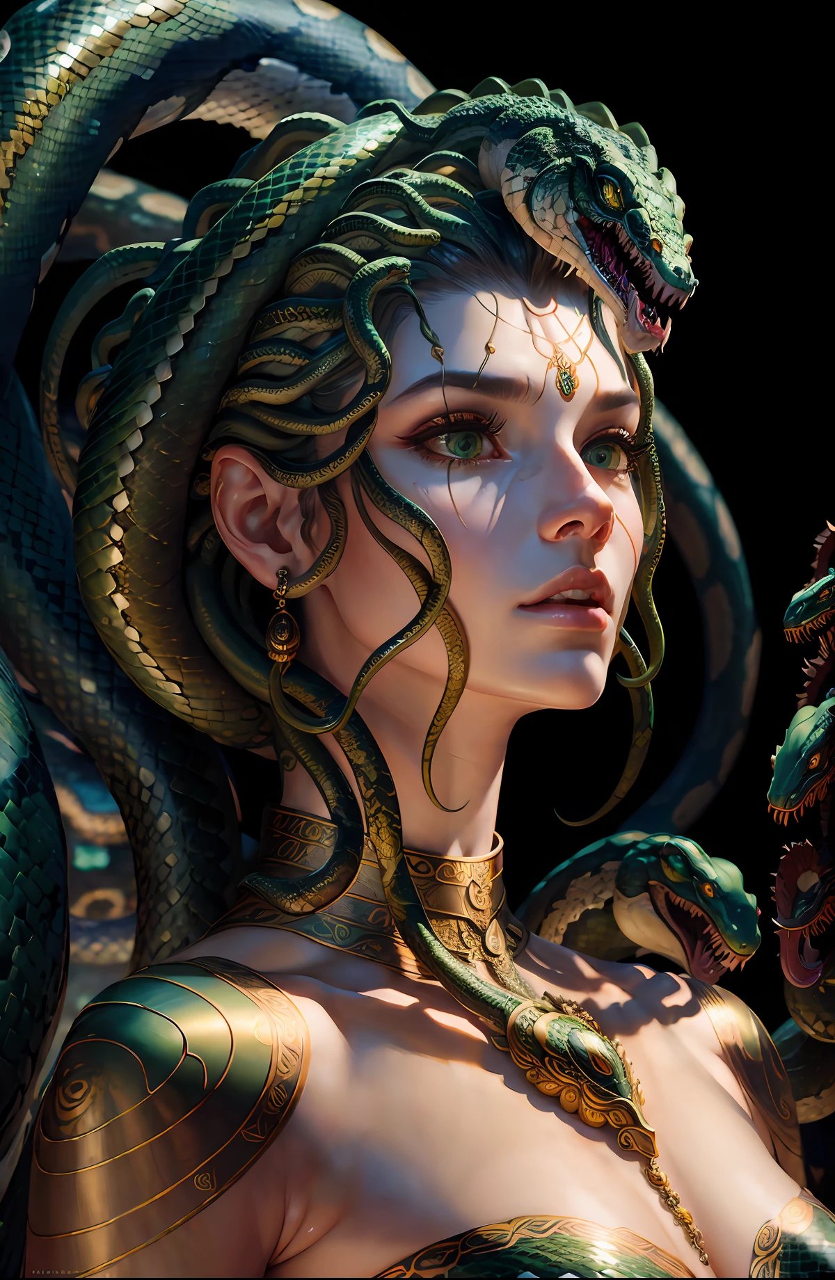 ((best quality)), ((masterpiece)), ((realistic)), beautiful Medusa (female face and upper body, snake tail), hair is composed of countless small snakes, green eyes, metal carved top, artstation trend on, sharp focus, studio photo, intricate detail, very detailed, detailed eye, illustration, very detailed, sharp focus, digital render, professional, 4k