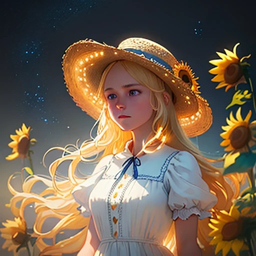 1girl,masterpiece,extremly detailed, ((Cinematic lighting)), ((glowing)), ((dramatic lighting)), ((beautiful detailed glow)), lens flare, long blonde hair, blue eyes, upper body, straw hat , white dress with sunflowers in the background