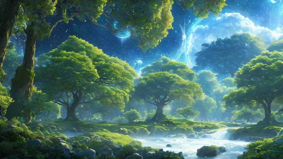 Illustration of a hyperrealistic , otherworldly, ultrasky scene featuring a giant crystal tree full body,very detailed and magical lighting, intricate forest details, vegetation and river around, solarpunk ,landscape, giant tree, beatifull leafy with beautiful lighting and realistic proportions, as if it were a cinematic background, 8k, highest quality, masterpiece, clouds and stars in the sky.