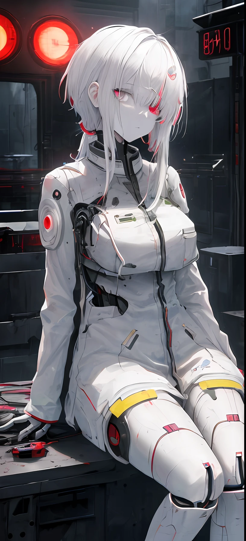 chromatic aberration, depth of field, soft lighting, masterpiece, best quality, complex, tone map, high detail, artstation, concept art, smoothness, hard focus, dramatic lighting, highly detailed illustrations, cinematic, hyper realistic painting, Artstation trends, 8K, incredible shadows, realism (high background detail: 1.0), very detailed portrait of 1girl solo, homeless robot girl, white bandages instead of clothes, dirty, severe damage, one eye glows red, wires stick out, internal mechanism visible, sitting with her back to gray concrete building, white hair stained, indifferent people walking by, high resolution, high detail, f/2.8, anime style,
