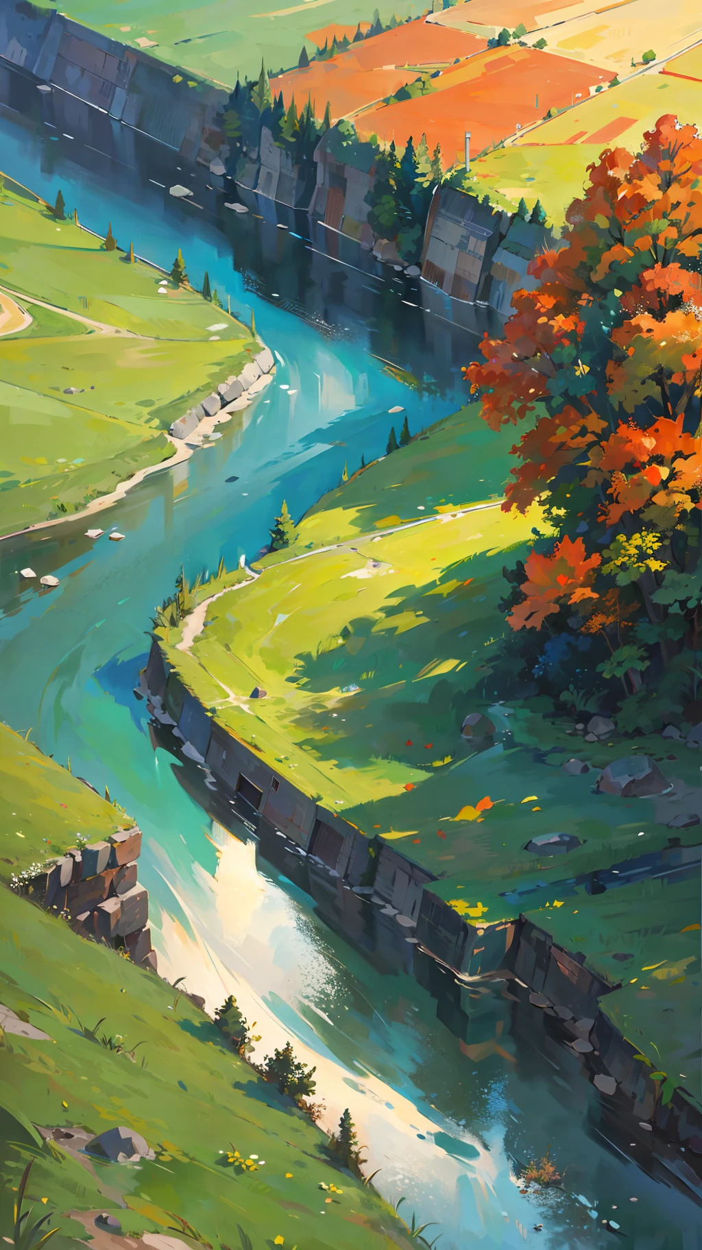 High detail, high quality (1080*1920), digital painting, natural scenery, a river flows from a distance through the grass, the river (the river is the main body of the picture), green nature, the river and the bank are at the same level