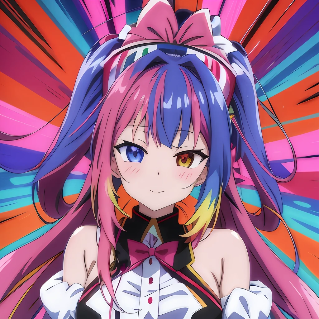 anime girl with long hair and a bow tie in front of a colorful background, anime moe artstyle, anime style 4 k, best anime 4k konachan wallpaper, hyper colorful, stylized anime, anime style. 8k, waifu, anime! 4 k, anime! 4k, dreamy psychedelic anime, ufotable art style, holo, ahegao, heterochromia eyes, slight smile, closed mouth
