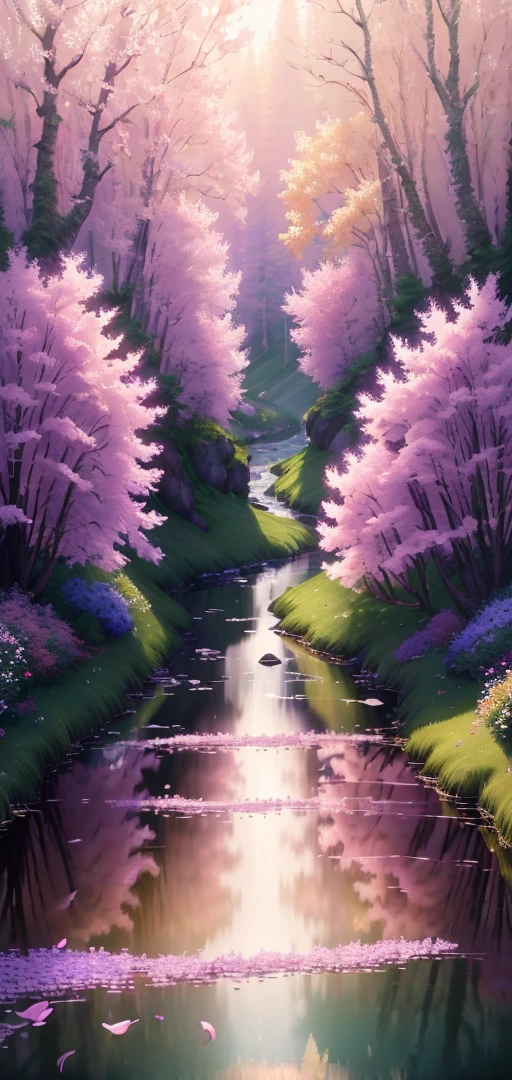 Masterpiece, best quality, high quality, highly detailed CG unity 8k wallpaper beautiful landscape oil painting valley flowers floating tall trees quiet stream stream purple and pink flowers glow surrounded by delicate leaves and branches