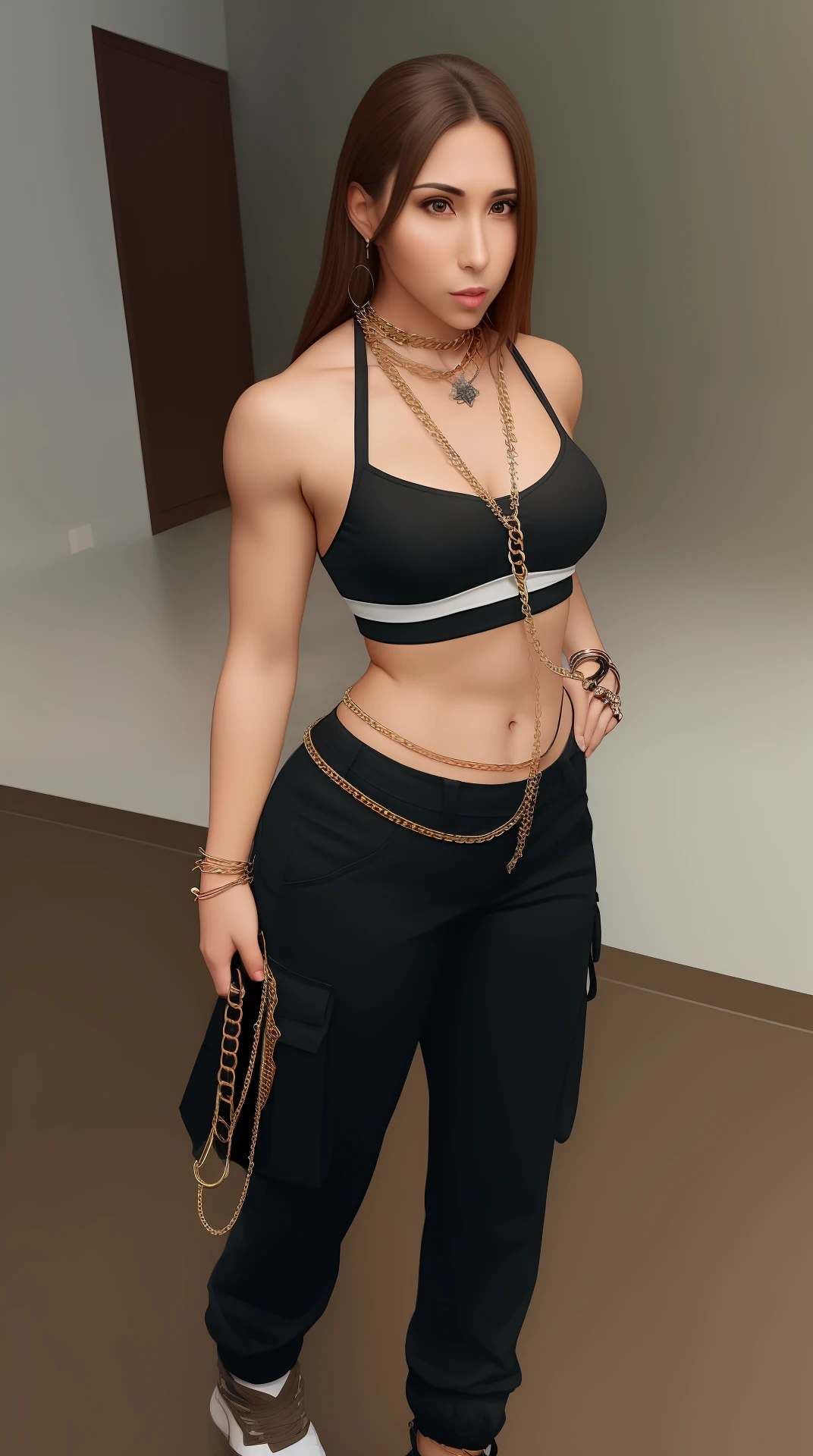 beautiful woman, medium breasts, athletic body, ((chains)), crop top, cargo pants