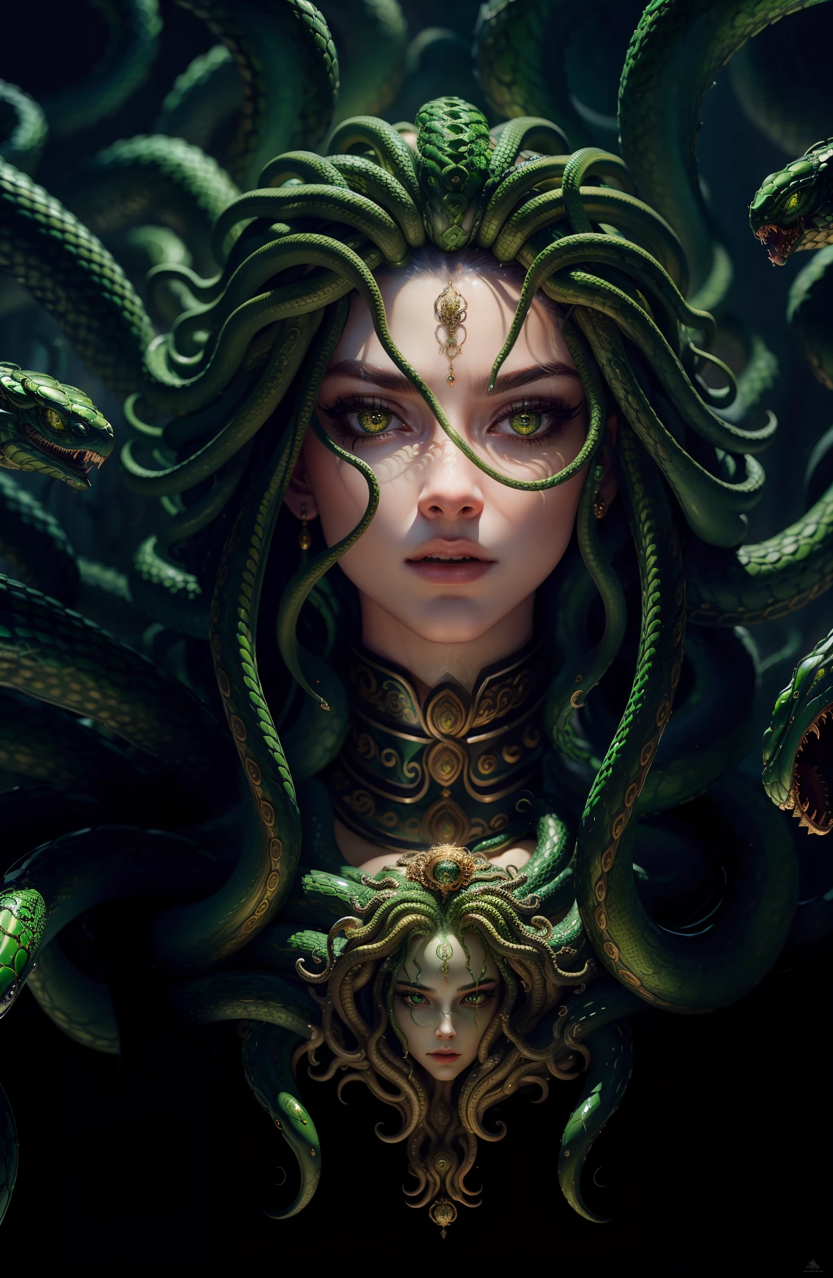 ((best quality)), ((masterpiece)), ((realistic)), Medusa, full body, the hair is composed of countless small snakes, green eyes, female face, metal carved top, royal aura, trend on artstation , sharp focus, studio photo, intricate detail, very detailed, detailed eye, illustration, very detailed, sharp focus, digital render, professional, 4k