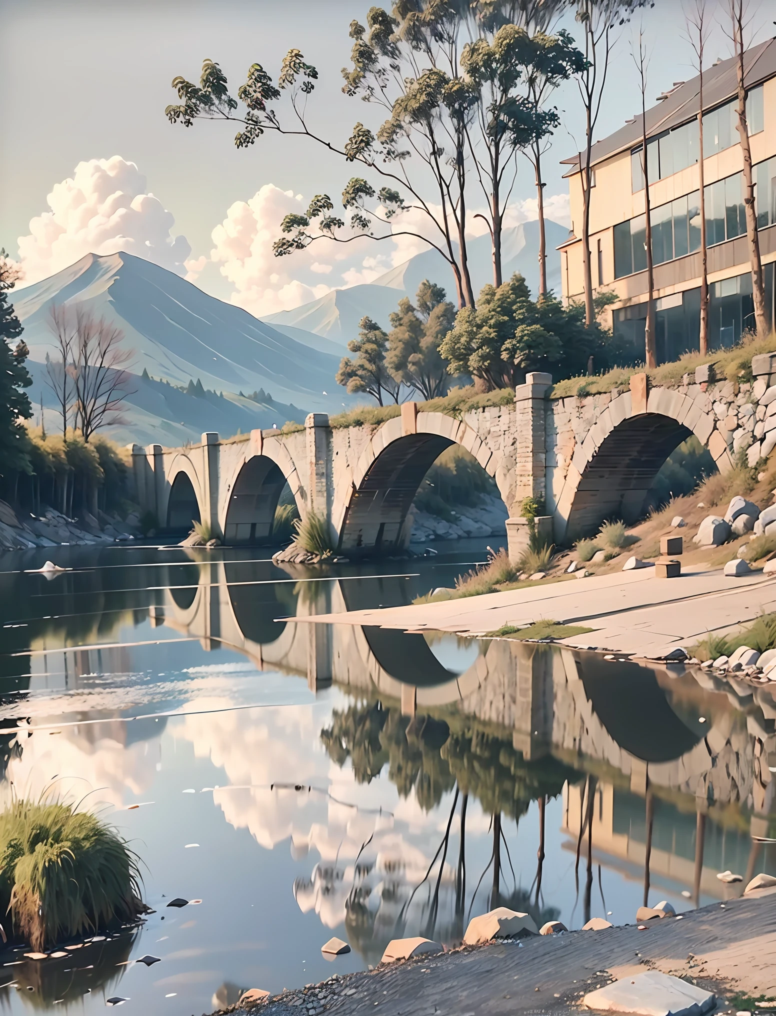 Small bridge, clear stream, stone bridge railing, gravel road, green trees, green mountains, blue sky and white clouds, birds flying, reflection, sound of water mix4, (8k, RAW photo, best quality, 1.2)), ( Realism, Realism: 1.37)