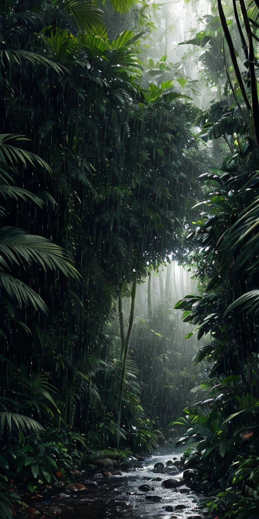 A jungle, with intense rainfall, monochromatic, vines all around, giant and wet trees, masterpiece, best quality, high quality, extremely detailed CG unity 8k wallpaper, oil paiting, award winning photography, Bokeh, Depth of Field, HDR, bloom, Chromatic Aberration ,Photorealistic,extremely detailed, trending on artstation, trending on CGsociety, Intricate, High Detail, dramatic, art by midjourney, volumetric lighting