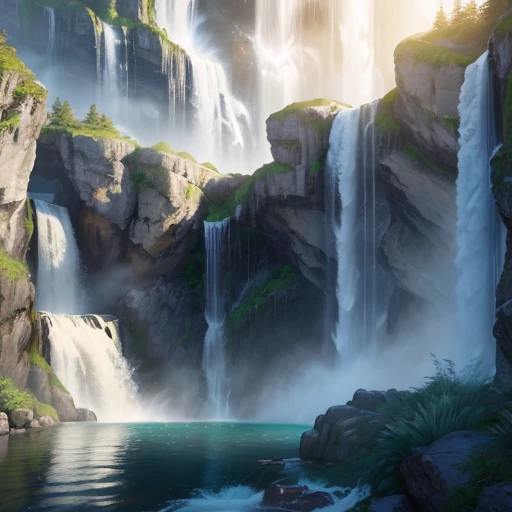 a large waterfall with water pouring out of it, a detailed matte painting by Martin Desjardins, shutterstock contest winner, video art, sense of awe, photo taken with ektachrome, unreal engine 5