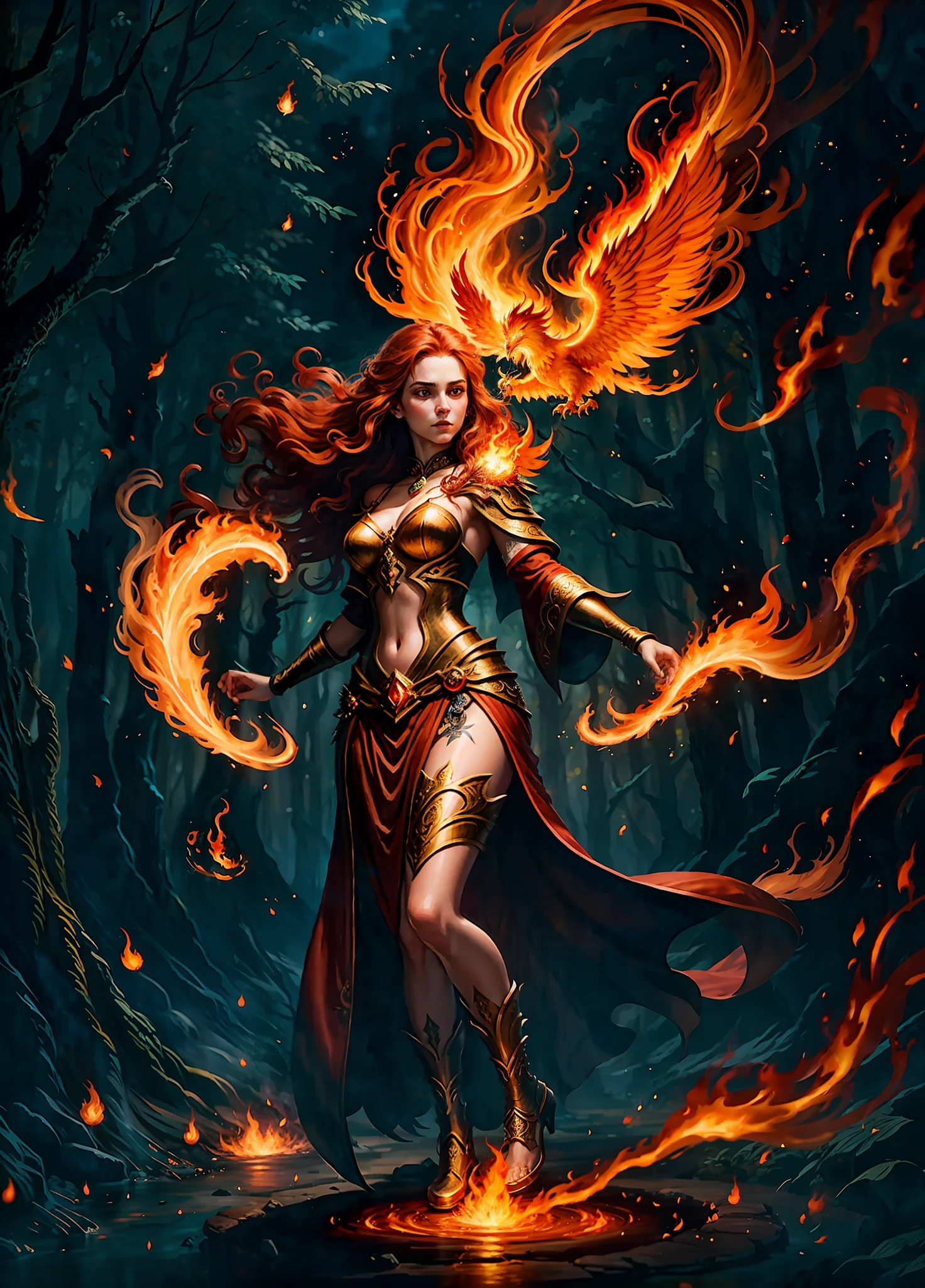 sexy full shot body photo of the most beautiful artwork in the world, illustration, cinematic light, fantasy, highest quallity, ultra detailed, best quality, masterpiece, (detailed face), sexy mature woman wears a long red flaming skirt fullbody , floating cloth, choker, glowing (elder underworld fantasy) forest plants with red burning falmed details, open shoulders, phoenix bird, pet(phoenix)((phoenix)), hair jewelry, redhead, curly hair, (focus on body:1.25), night, small mutated animals in background, emitting flaming magic energy, flames, light reflection, Skilled, Lethal Assassin with Magic Spells, C Teenage Girl with Intelligent phoenix bird , Shadowy and Stealthy with Deadly Weapons, Enchanted Fantasy Gothic Style, Mysterious and Thrilling Action, phoenix in background, spell casting, witch, mature woman,Female mage, long flowing red hair, fiery red eyes, elegant robes adorned with swirling patterns, robes in shades of red, orange, and gold, manipulator of fire, flames emanating from hands, fiery aura, determined expression with a glimmer of anger, serene yet powerful demeanor, enchanted forest setting, glowing embers and floating sparks, healing magic with fire, protective barriers and shields, conjuring fire-based projectiles, controlling flames, Everflame's power, phoenix companion with vibrant plumage of crimson and gold, aerial prowess, symbol of connection and ancient wisdom, phoenix sacrifice, grief transformed into burning rage, elegant robes with swirling flame patterns, unwavering resolve against hunters, hatred for oppression, protector of magical beings, spirit and memory of Ignis.