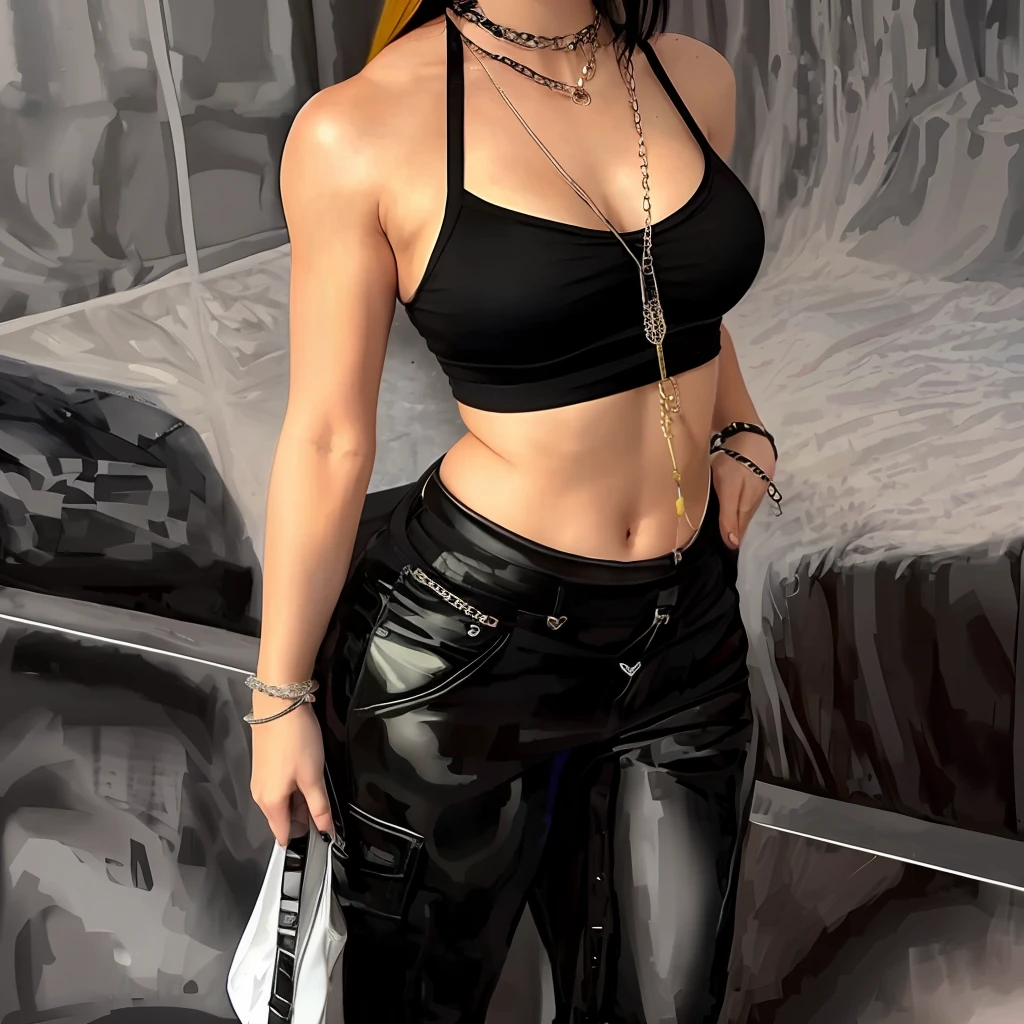 arafed woman in a black top and black pants posing for a picture, tinyest midriff ever, wearing a sexy cropped top, tifa lockhart, tifa, sexy look, chains, full body picture, fit pic, glamorous tifa lockheart, full body;