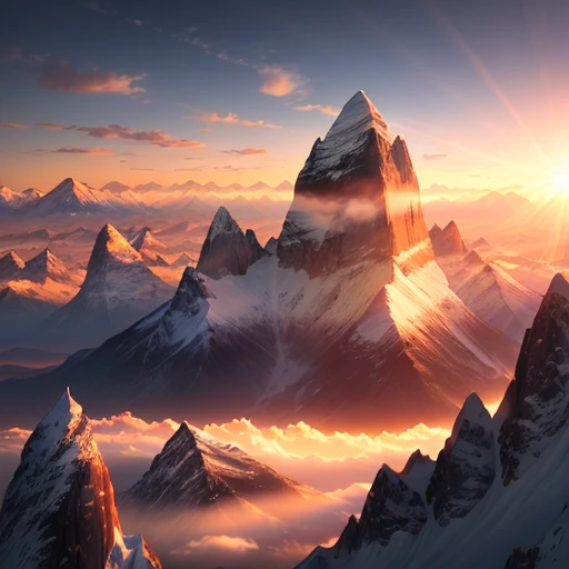 a beautiful view of a mountain range at sunset, a detailed matte painting by Kailash Chandra Meher, deviantart, naturalism, god rays, terragen, atmospheric