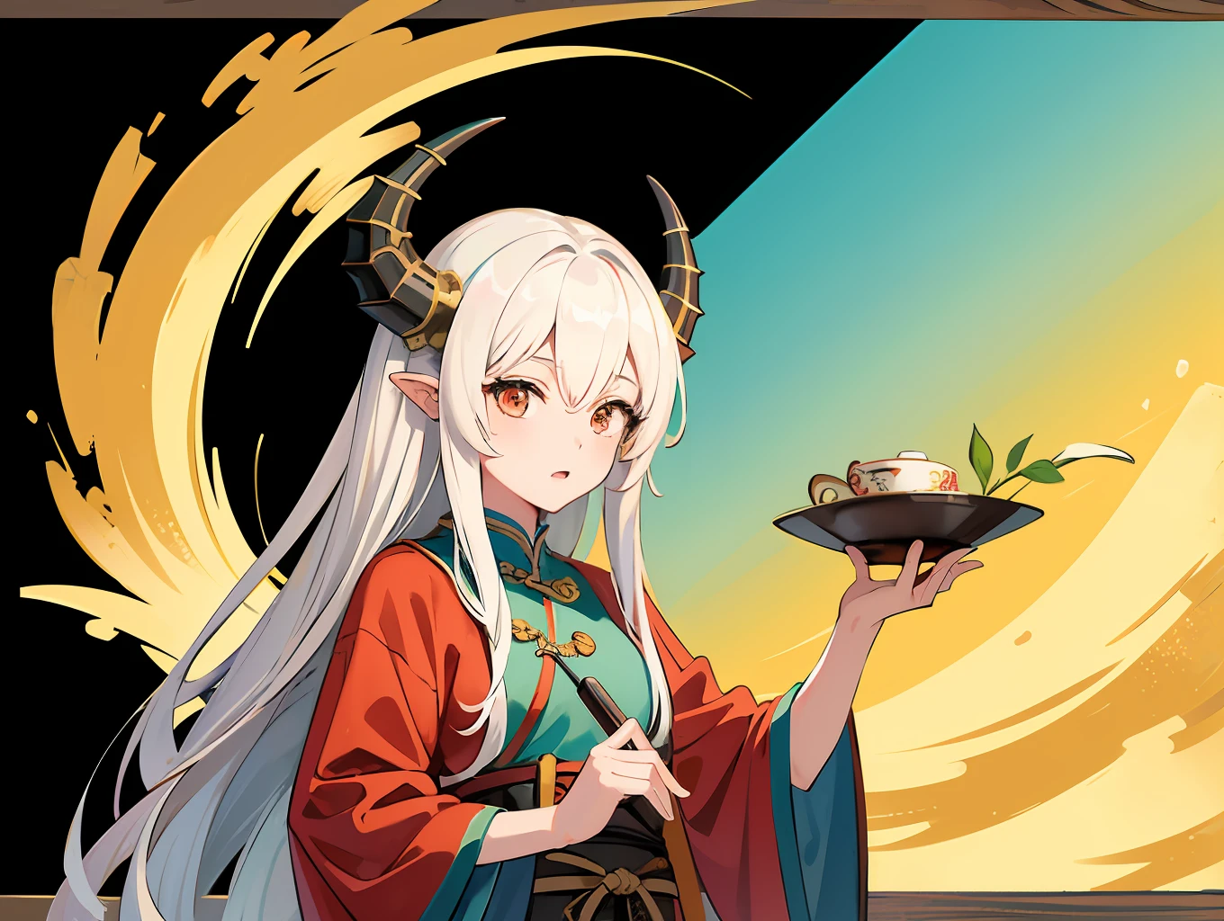 masterpiece, traditional chinese ink painting, 1 girl, long hair, look at viewer, tease, Spirit, loong, dunhuang_style, dunhuang_cloths, UHD Dragon horn, A dragon is flying, 4k, best quality, super detail, award winning, high quality, best quality, high details
