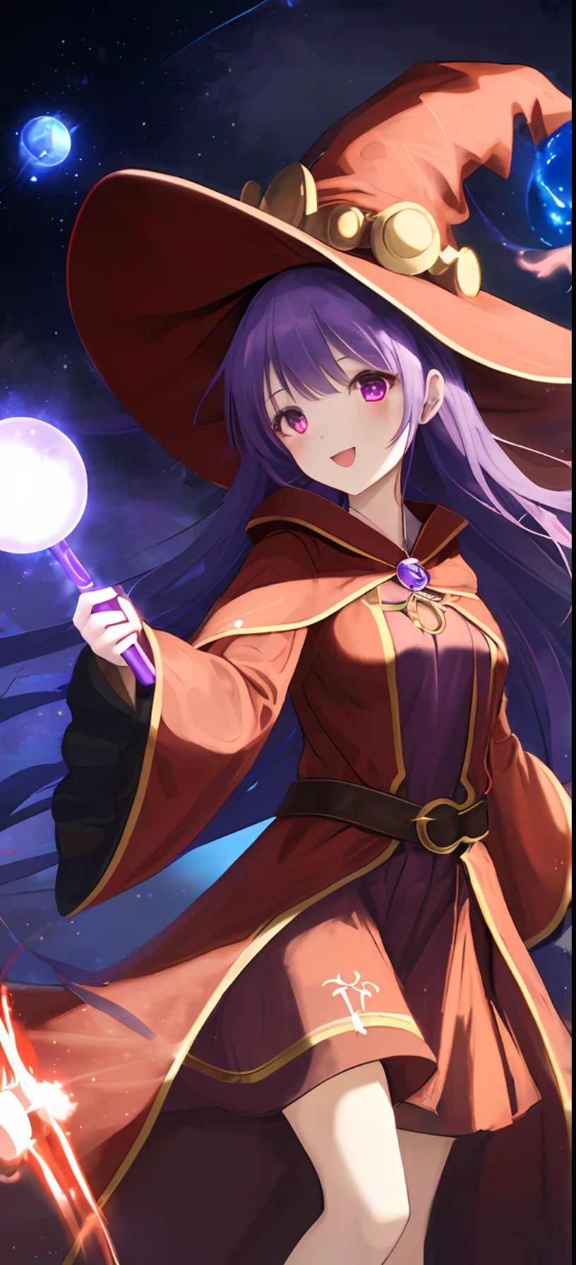 girl witch, red robe, ancient dress, purple luminous eyes, magic wand with a blue orb, wide hat with yellow trim,
