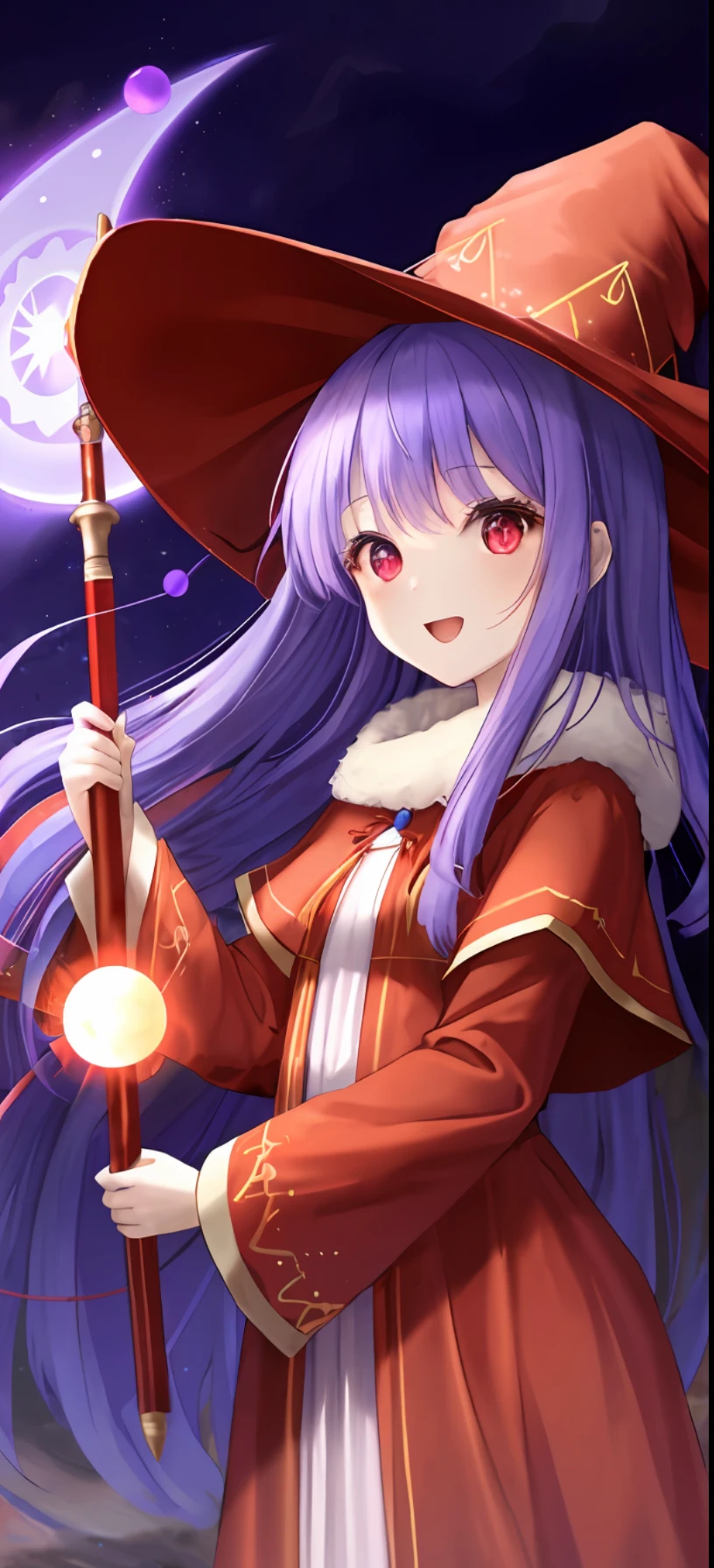girl witch, red robe, ancient dress, purple luminous eyes, magic wand with a blue orb, wide hat with yellow trim,
