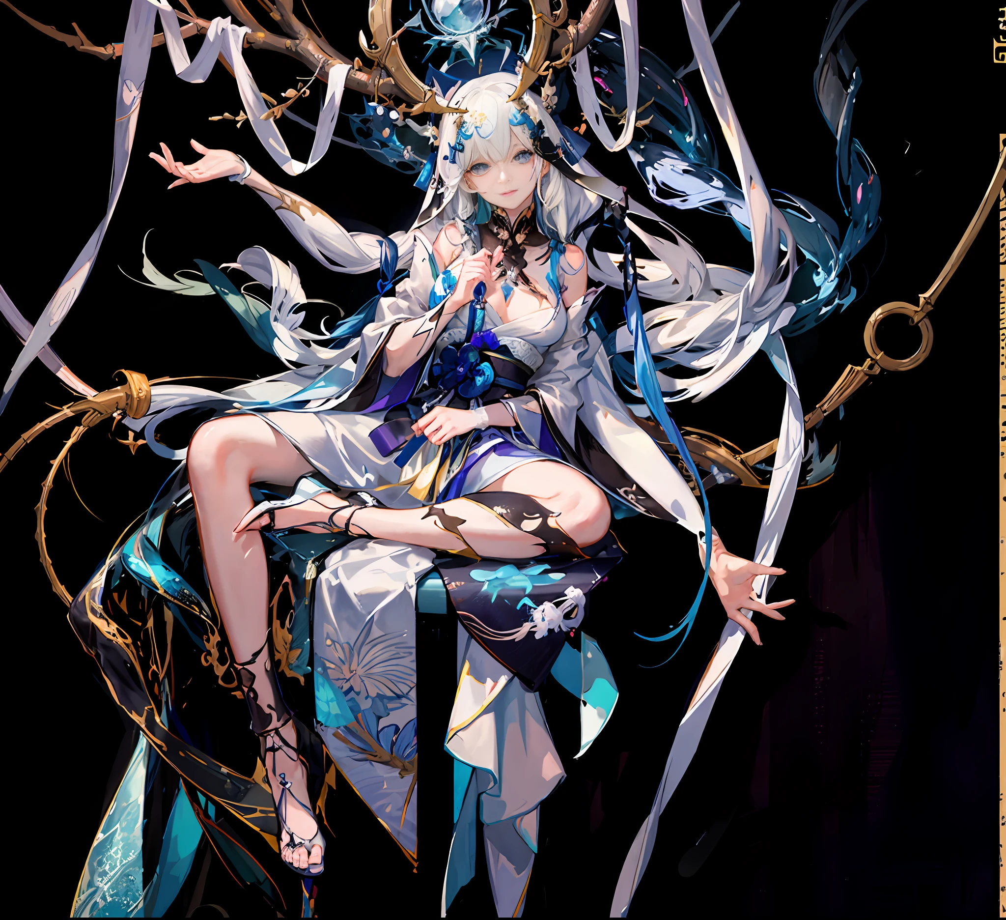 Image of graceful goddess sitting on branch, white-haired kami, detailed art of onmyoji, ethereal anime, beautiful female reaper, ornate gauze and plumage, veil, light of the gods, on all fours and palms Devil's Eye,, (RAW photo:1.2), (photorealistic:1.4),(masterpiece:1.3),(best quality:1.4), dreamlike, (detailed eyes),(detailed facial features), (detailed clothes features), (shiny skin),(slender girl),(slim girl), 1girl, solo, cute, innocent, smlie, VirtualGirl-Aim, (medium breast), bangs, straight hair, long hair,
