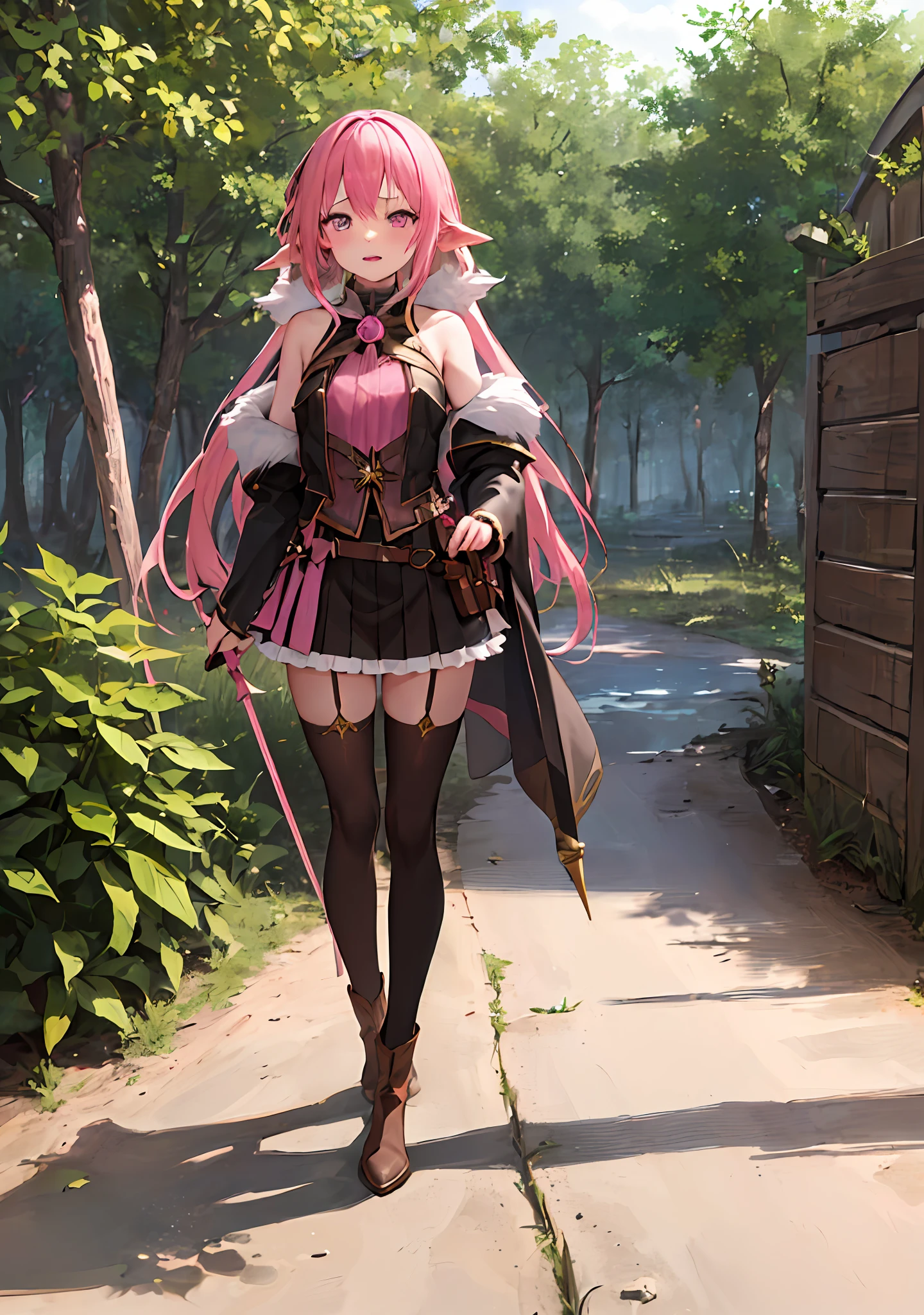 ((1 girl)), long hair, determined, glaring, pink skirt, magic wand, adventurer, full body, 2 hands, 2 feet, (mysterious) mouth, boots, shimmer beads, in Late night in a fantasy scene, strange magic, travel through the realm invisible to the naked eye, leather clothes, stockings, mysterious, leather, stockings, western fantasy, fantasy, forest., pink hair, magic girl, animi, magic staff, rope