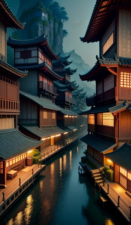 arafed view of a village with a lot of lights on the buildings, a matte painting by Raymond Han, pexels contest winner, mingei, dreamy chinese town, chinese village, amazing wallpaper, japanese town, japanese village, realistic photo of a town, old asian village, japanese city, rainy evening, cyberpunk chinese ancient castle, beautifully lit buildings