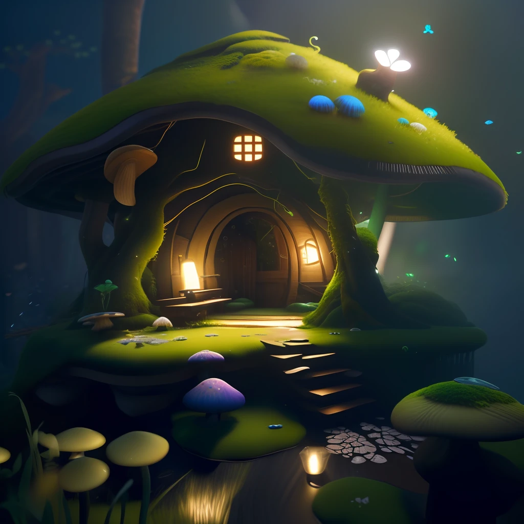 masterpiece, best quality, (extremely detailed CG unity 8k wallpaper), (best quality), (best illustration), (best shadow), A mushroom house covered with moss，firefly，wtarlight surrounds the room，petal, isometric 3D, octane render,ray tracing,ultra detailed,