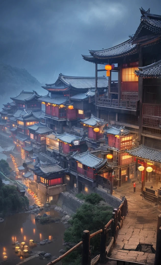 arafed view of a village with a lot of lights on the buildings, dreamy chinese town, chinese village, amazing wallpaper, japanese town, japanese village, hyper realistic photo of a town, old asian village, japanese city, by Raymond Han, rainy evening, cyberpunk chinese ancient castle, beautifully lit buildings, at evening during rain, beautiful and aesthetic, photography, cinematic, 8k, high detailed