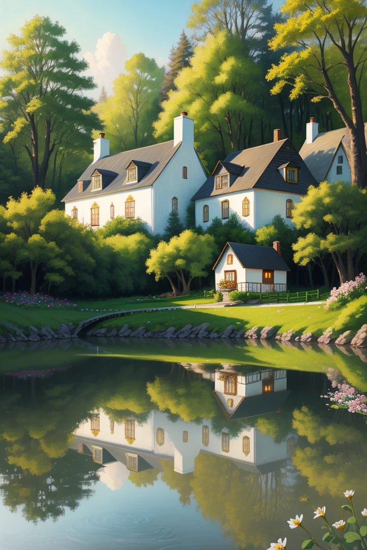 A romantic fairytale lake with a charming cottage nestled on the shore, surrounded by fragrant flowers and quaint gardens, creating a sense of warmth and coziness, Painting, oil on canvas, --ar 9:16 --v 5