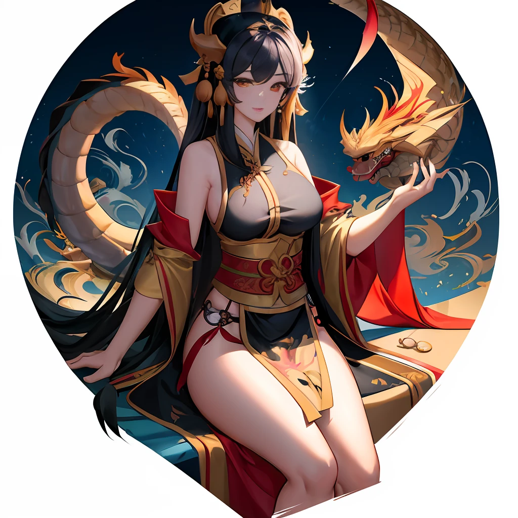 masterpiece, traditional chinese ink painting, 1 girl, long hair, look at viewer, tease, Spirit, loong, dunhuang_style, dunhuang_cloths, UHD Dragon horn, A dragon is flying, 4k, best quality, super detail, award winning, high quality, best quality, high details