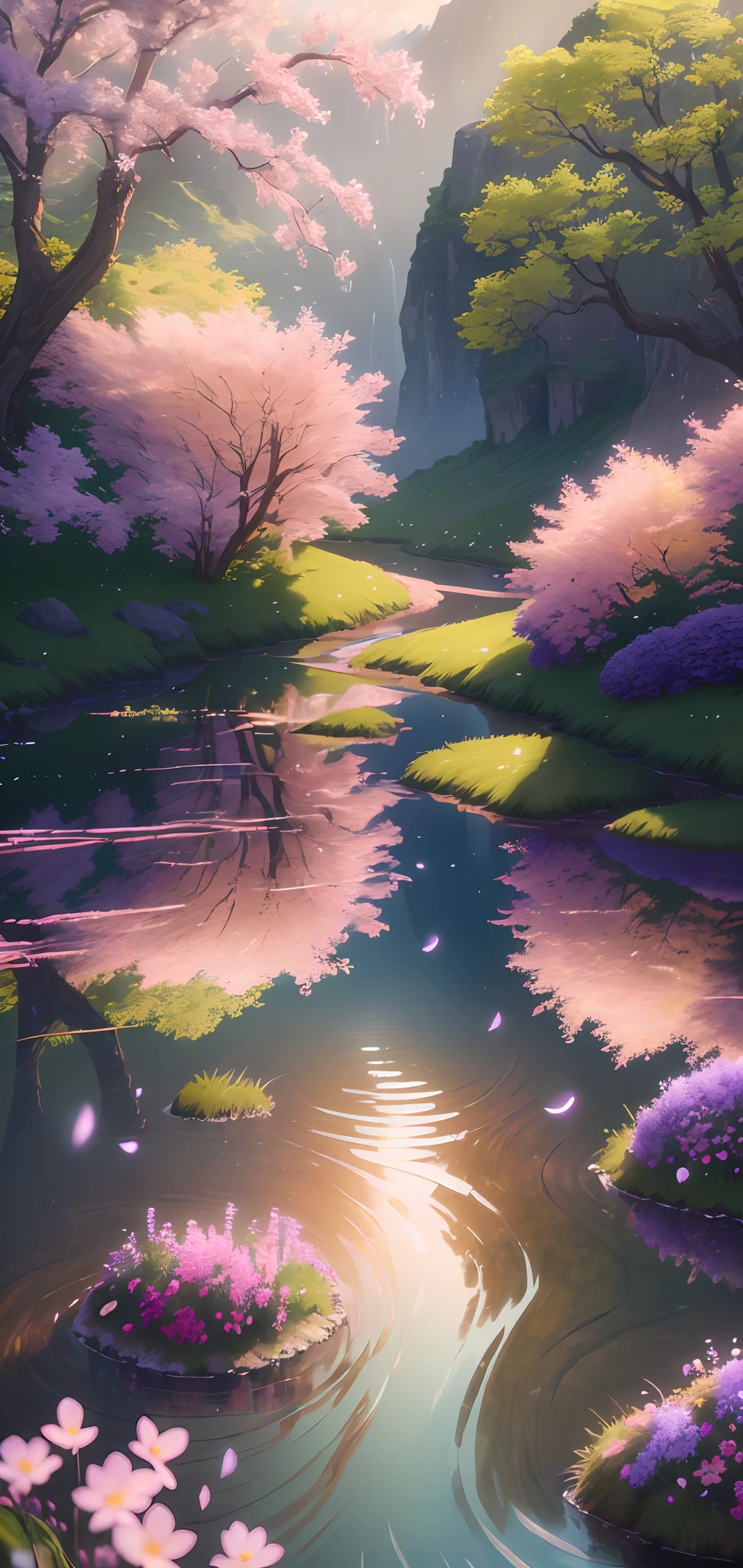 Masterpiece, Best Quality, High Quality, Highly Detailed CG Unity 8k Wallpaper Beautiful Landscape Oil Painting Valley Flowers Floating, Quiet Stream, Green Leaves Purple and Pink Flowers Floating, Surrounded by Delicate Leaves and Branches Glowing Particle Effect Isometric 3D, Octane Rendering, Ray Tracing, Super Detailed