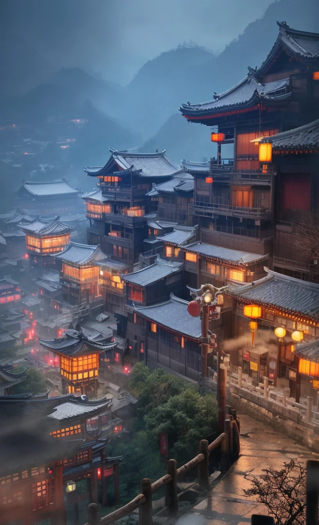 arafed view of a village with a lot of lights on the buildings, dreamy chinese town, chinese village, amazing wallpaper, japanese town, japanese village, hyper realistic photo of a town, old asian village, japanese city, by Raymond Han, rainy evening, cyberpunk chinese ancient castle, beautifully lit buildings, at evening during rain, beautiful and aesthetic, photography, cinematic, 8k, high detailed ((Heavy rain)))