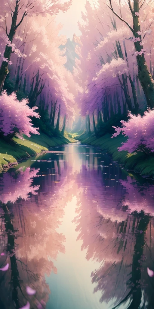 High quality, highly detailed CG unity 8k wallpaper beautiful landscape oil painting quiet stream with green leaves purple and pink flowers floating in the air
