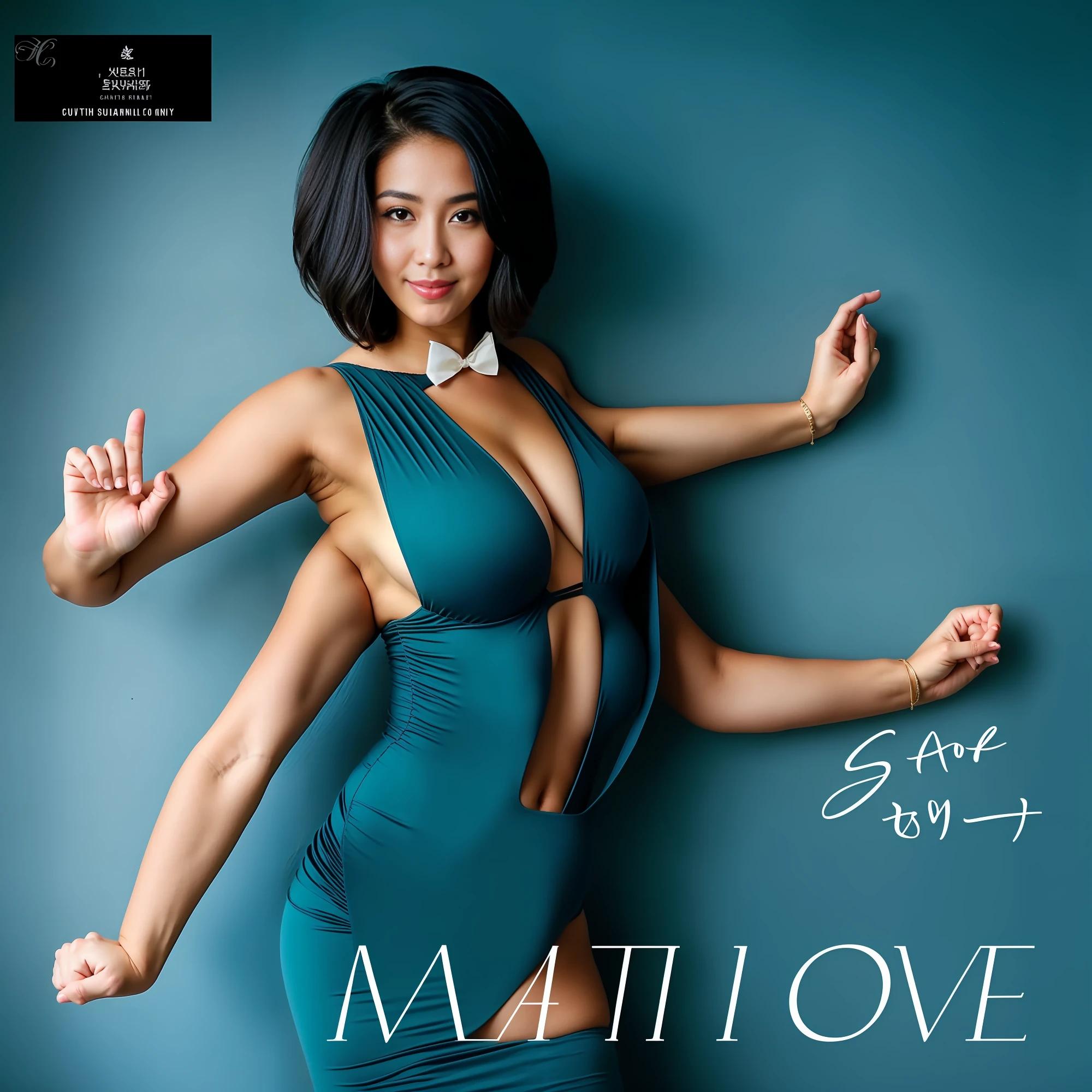 2heads, Extra arms, a woman posing for a picture, blue bra, curvy arms, incredibly beautiful, strong pose, very beautiful, arms to the side, 4 arms and 2 legs!, curvy arms, multiple arms, armpits fused to shoulders, normal hands, slender body, identical faces, 21 years old, upper body shoot, korean