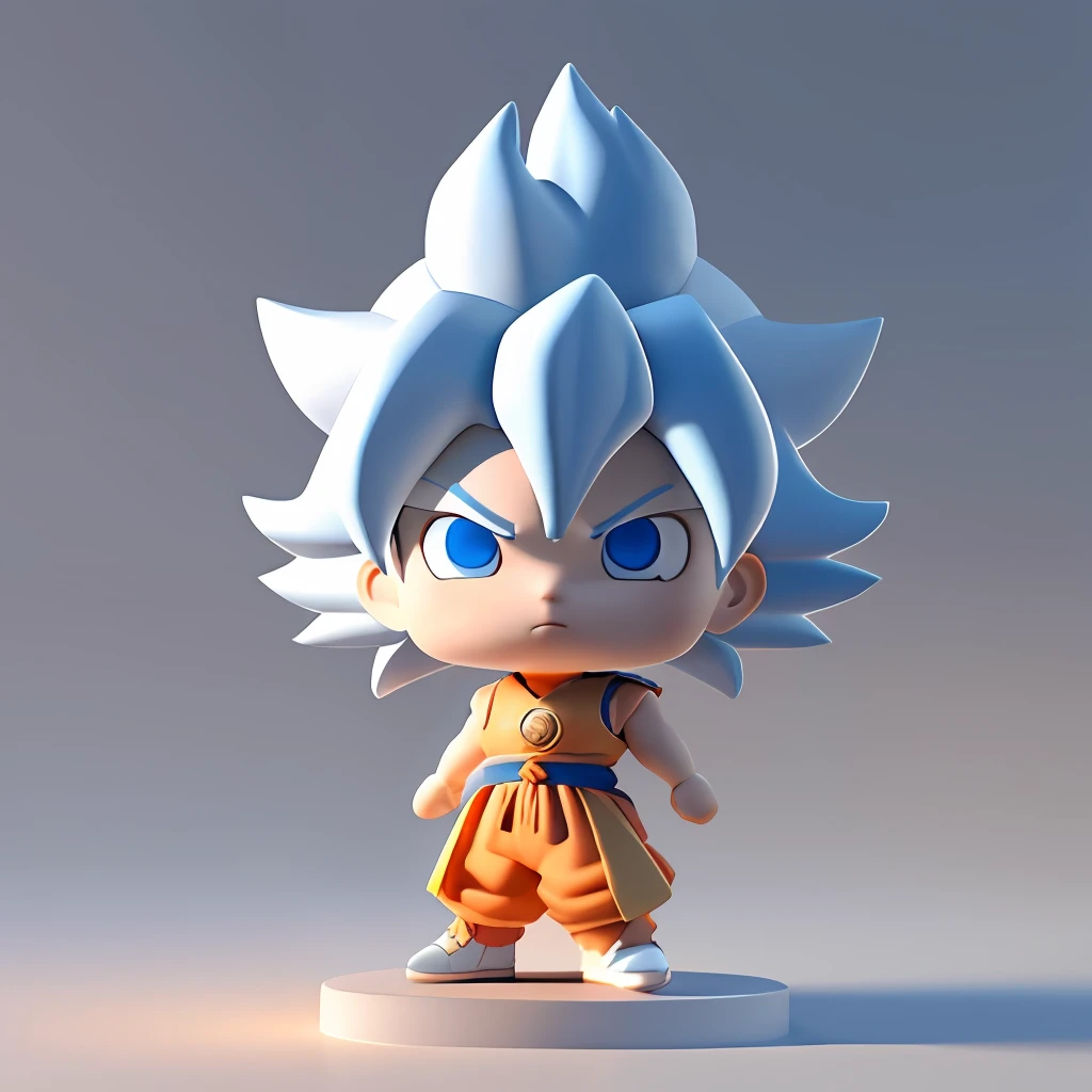 Goku, super saiyan, exquisite hair, arm depiction, white and blue hair body, exquisite shoes, eye depiction, exquisite hair, popmart blind box, clay texture, stepping on the land, black and white background, natural lighting, most good quality, super detail, 3D art, c4d, OC renderer, 3D rendering, 8k