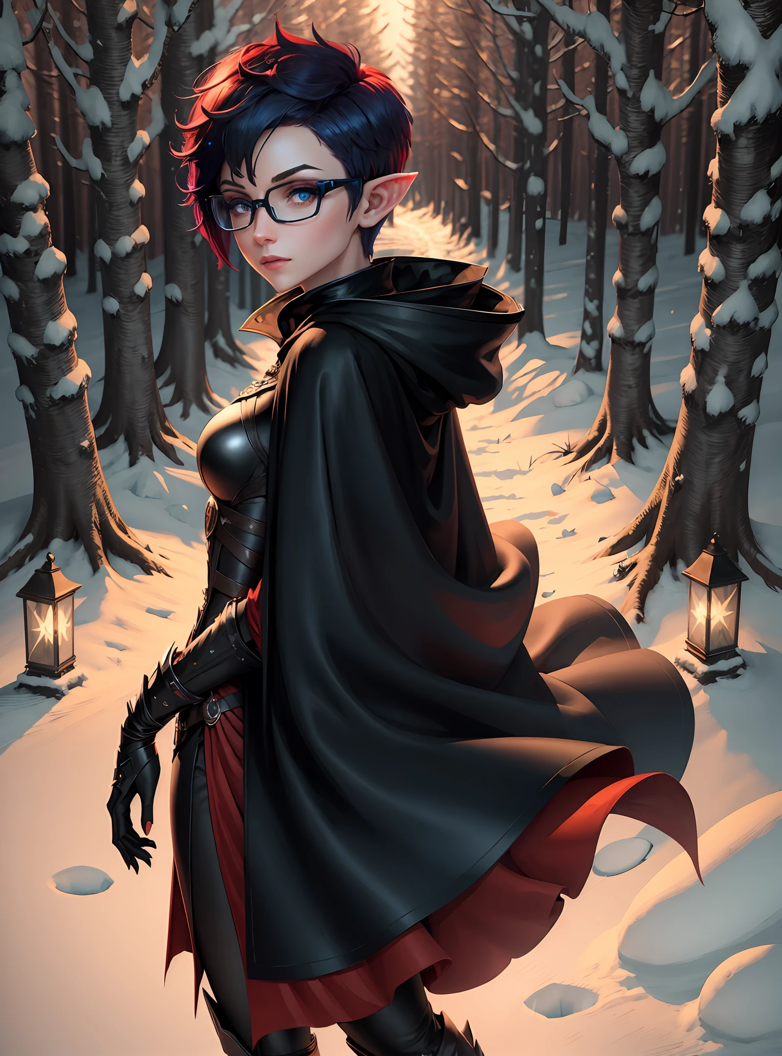 (((Masterpiece))), best quality, ultra-detailed CG unity 8k wallpaper (1girl:1.3) androgynous female, short red pixie cut hair, blue eyes, black glasses, elf ears, black cloak, snow, forest, night time