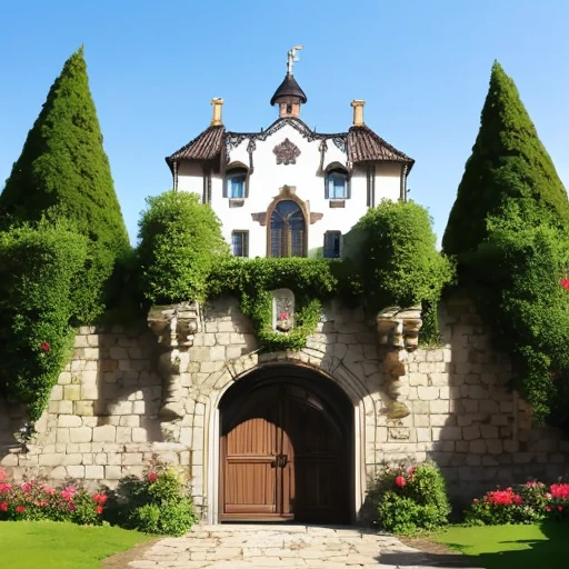 Entering the door, you can see two thick stone pillars with the heads of lions carved on them, which look majestic and solemn. Behind the iron gate is a wide stone road, with all kinds of flowers and green plants planted on both sides, exuding a burst of fragrance. At the end of the road is a white European-style villa with light blue curtains on the windows and a round tower on the roof, like a castle in a fairy tale