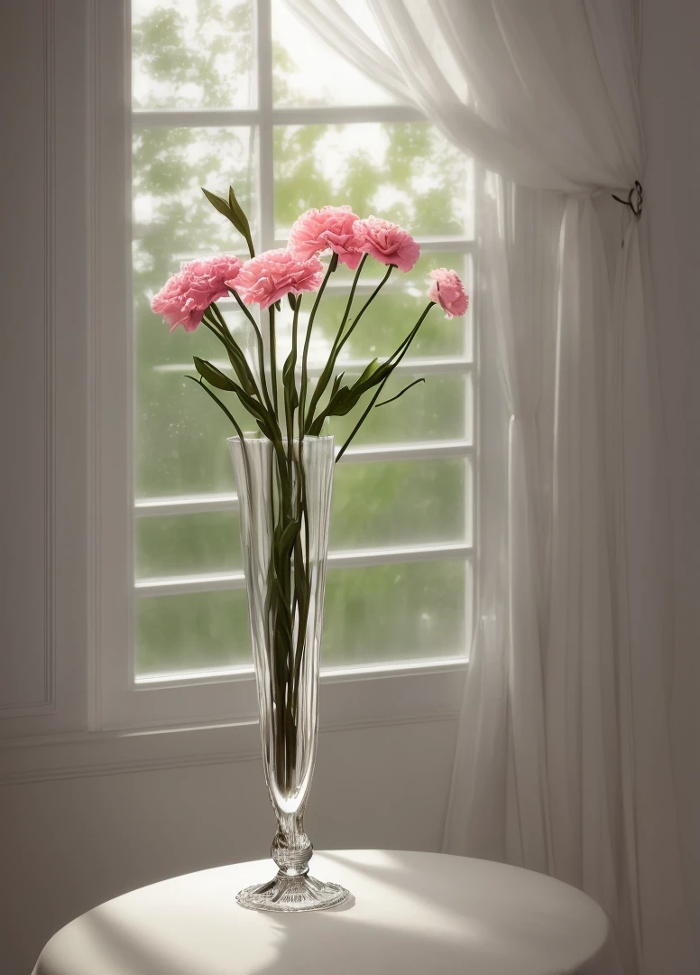carnation in a slender vase on window, Art Nouveau, High quality photo, ultra high res, (photorealistic:1.4), cinema lighting, insanely detailed, hyper realistic, fine details, octane render