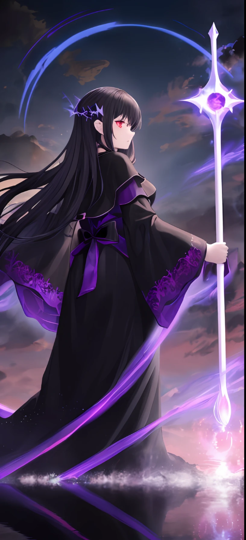 A sorceress girl, in a black and purple robe, stands with her back to the camera, in the center of an endless lake, the water is perfectly even, reflections in the water, she is holding a magic wooden staff, with a blue luminous ball at the end. In front of her is a huge humanoid monster, consisting of dark shadows, black smoke emanating from him, red glowing eyes, looking down at the girl, cloudy sky, high detail, masterpiece, dramatic lighting, wind,