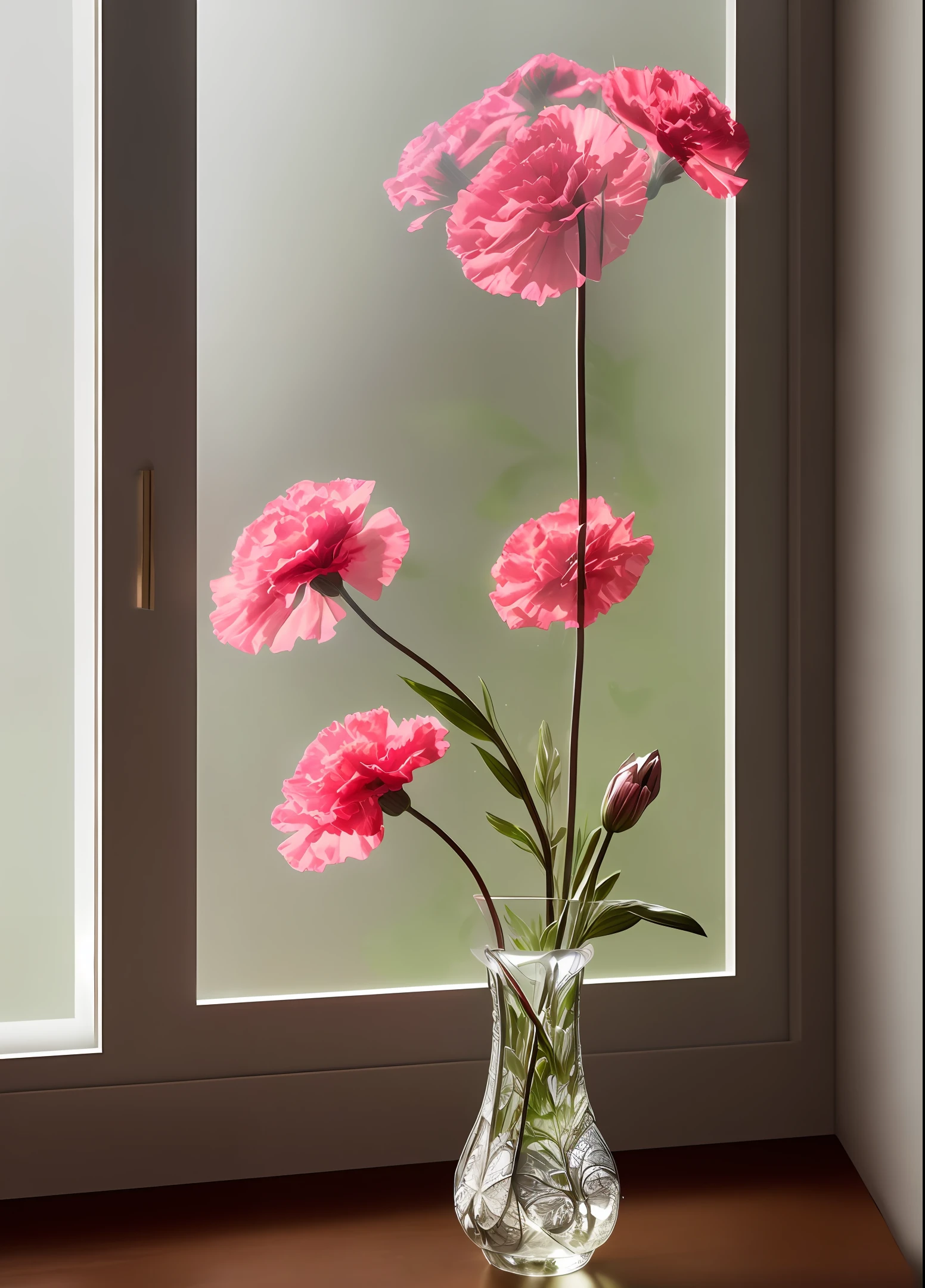 carnation in a slender vase on window, Art Nouveau, High quality photo, ultra high res, (photorealistic:1.4), cinema lighting, insanely detailed, hyper realistic, fine details, octane render