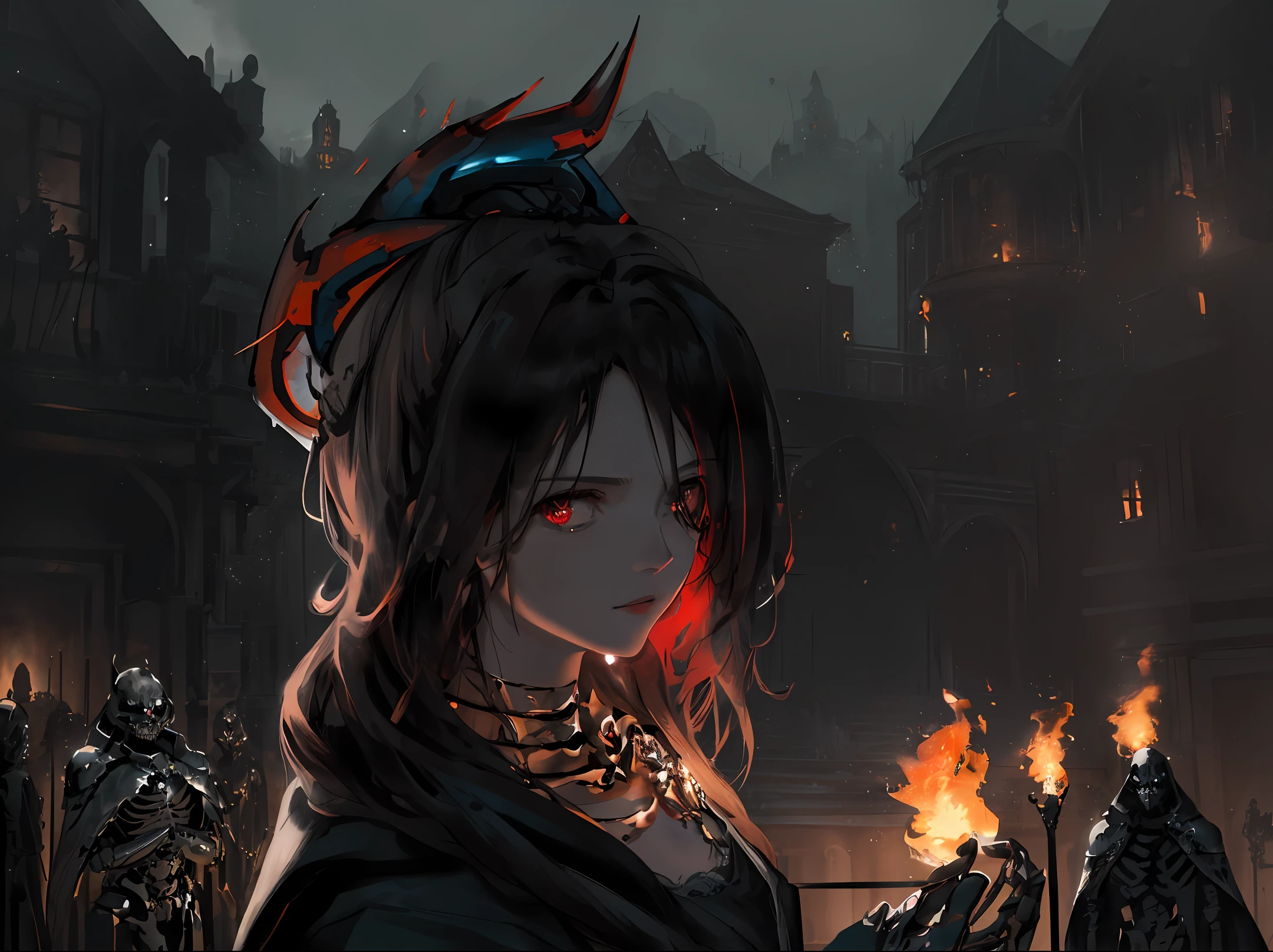 [hyper realistic:(unreal engine):realistic:,0.5,0.99], beautiful 1 skeleton,(beautiful and exquisite face),(Sky), (dark magic: 1.2), (skeleton anthropomorphic),(necromancer), hell flames, oiled skin, upper body, looking at viewer, long messy hair, (red-black clothes), (volumetric lighting), atmospheric perspective, dust particles, light axis, (e_foxy: 0.7), m_wlop, (e_landscape: 0.7 )