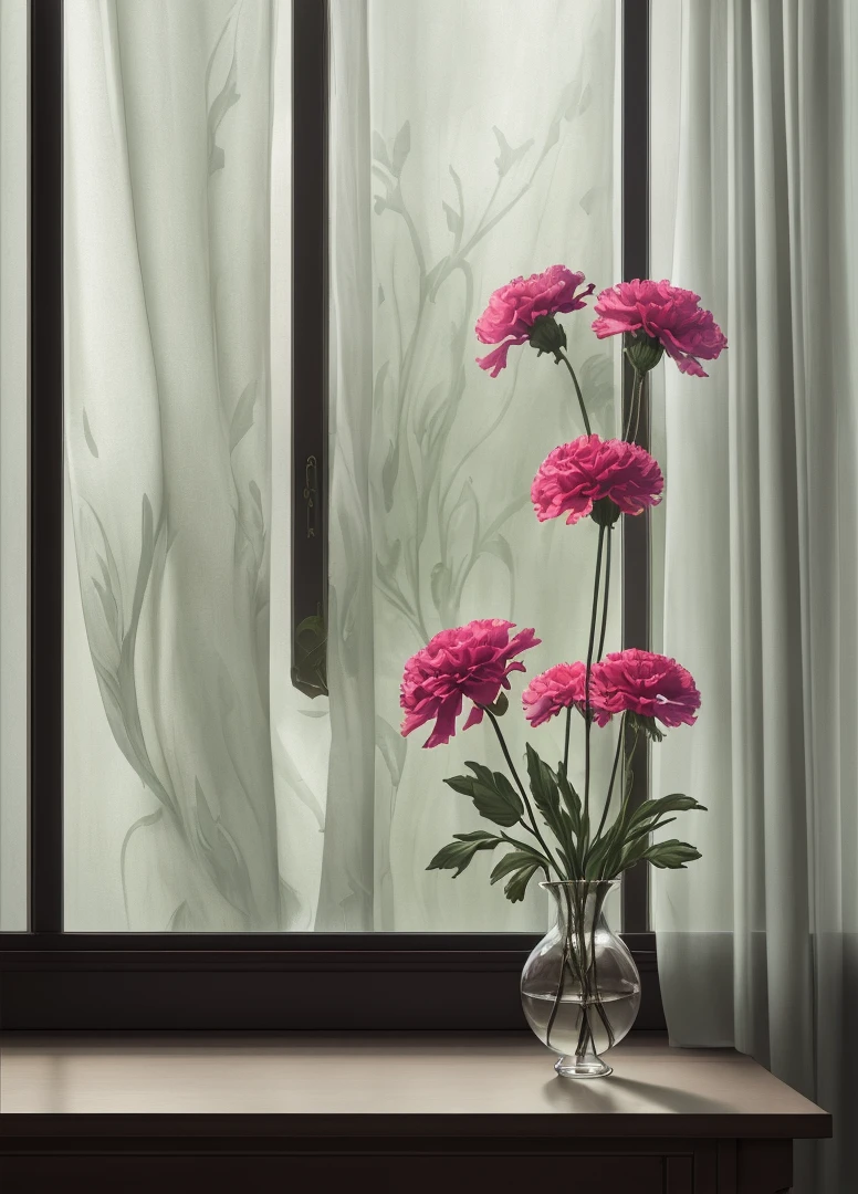carnation with buds in a slender vase on window with curtain, drapery, Art Nouveau, High quality photo, ultra high res, (photorealistic:1.4), cinema lighting, insanely detailed, hyper realistic, fine details, octane render