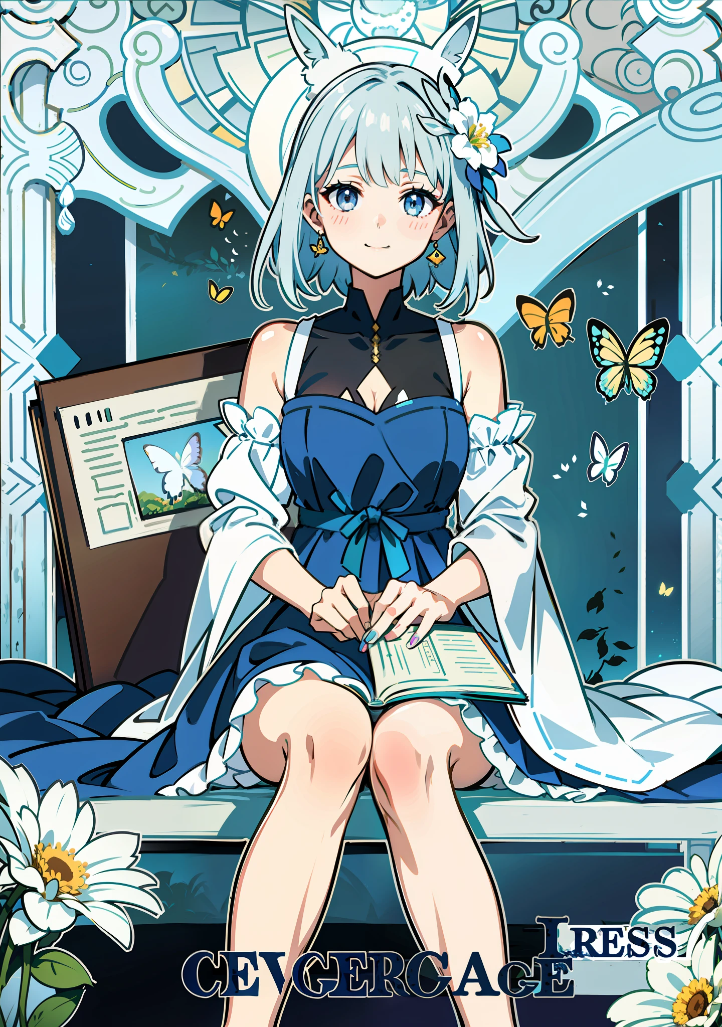 (Realistic painting style:0.9),(faux traditional media:1.0), masterpiece, best quality,bokeh, depth of field, looking to the side, kamisato ayaka (springbloom missive), kamisato ayaka, official alternate hairstyle, official alternate costume, blunt bangs, butterfly hair ornament, hair flower, blue dress, 1girl,girl sitting on a futon,butterfly, grey eyes, flower, hair ornament, light blue hair, outdoors, solo, sky, blue nails, cloud, bangs, long sleeves, holding, looking at viewer, blue butterfly,braid, dress, day, blue sky, breasts, medium breasts, cloudy sky, blush, index finger raised, blue flower, smile, closed mouth, holding open book,tarot,green background,